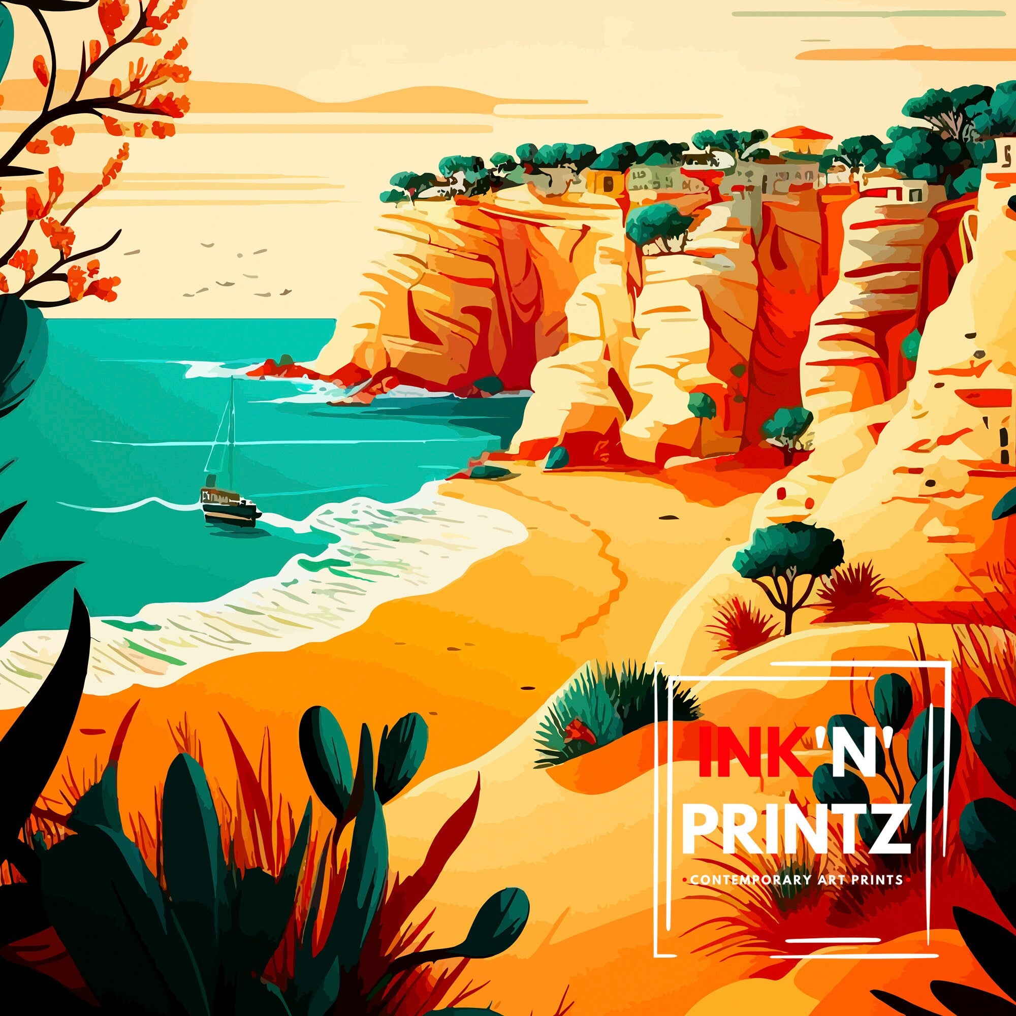 Algarve Coastline Travel Poster, Portugal Art Print
