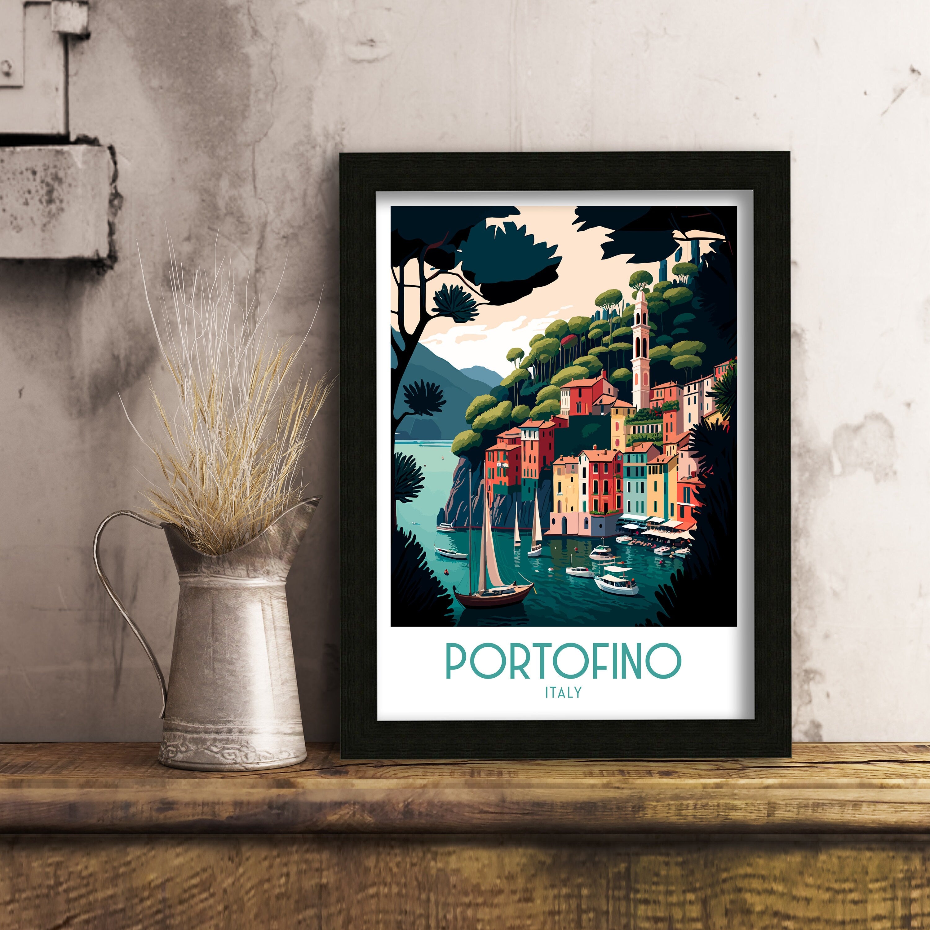 Portofino Italy Travel Print, Coastal Village Wall Decor