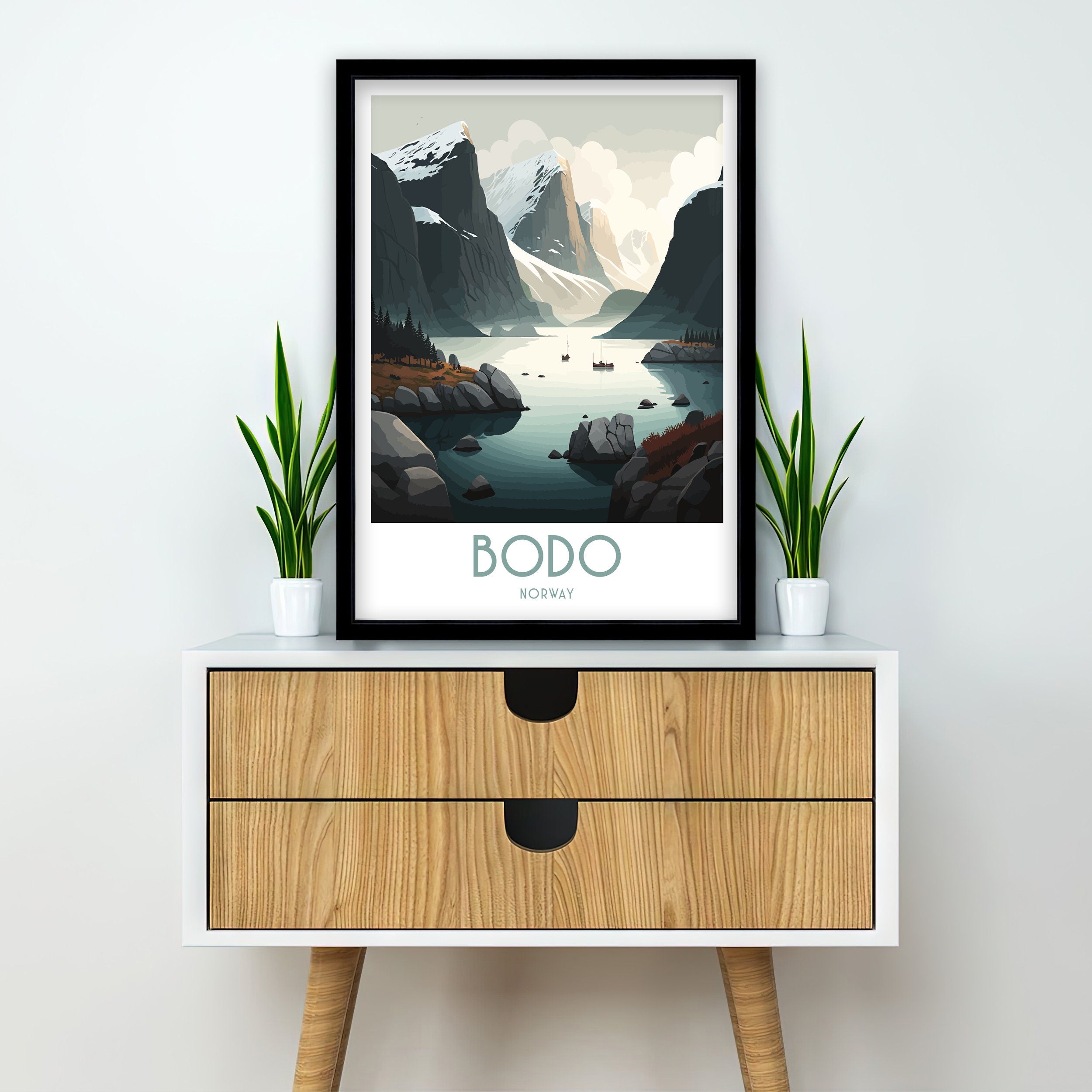Bodo Norway Print, Coastal Mountain Landscape Travel Poster