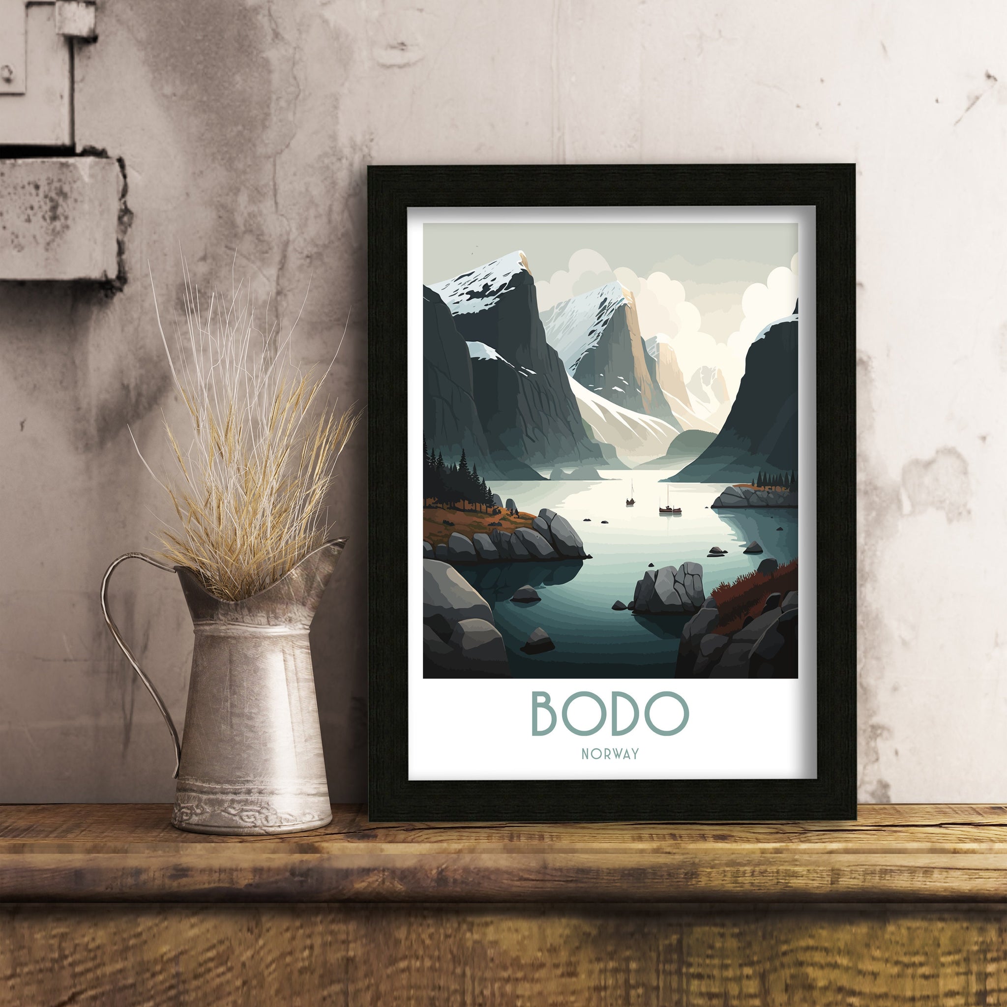 Bodo Norway Print, Coastal Mountain Landscape Travel Poster