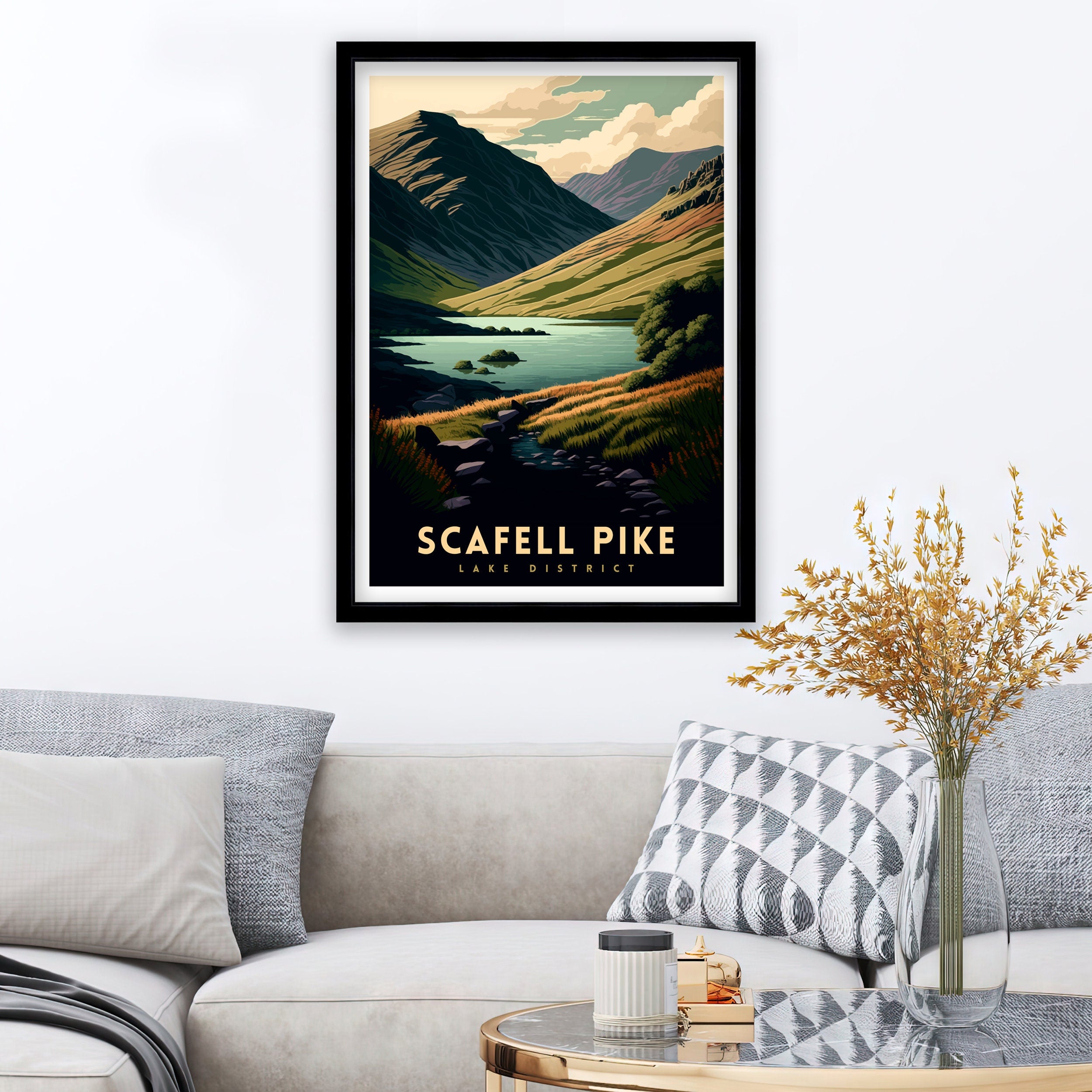 Scafell Pike Travel Print, Lake District Mountain Illustration