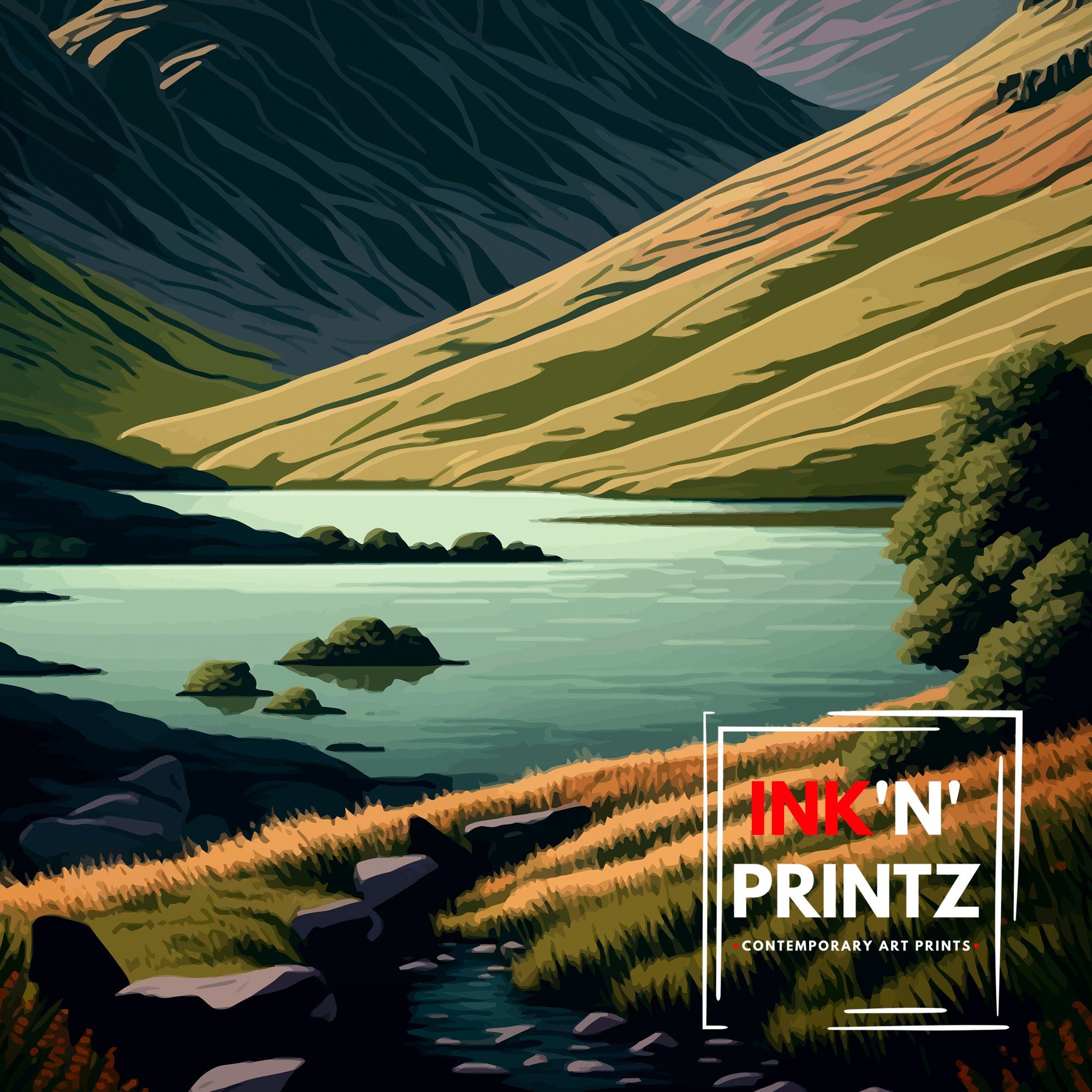 Scafell Pike Travel Print, Lake District Mountain Illustration