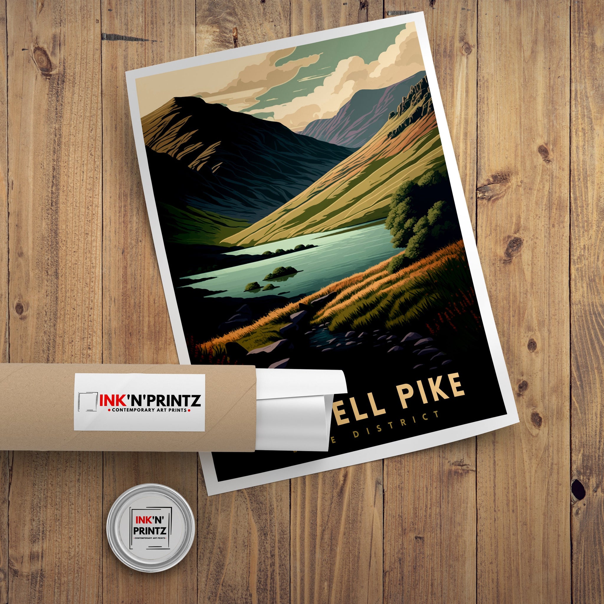 Scafell Pike Travel Print, Lake District Mountain Illustration