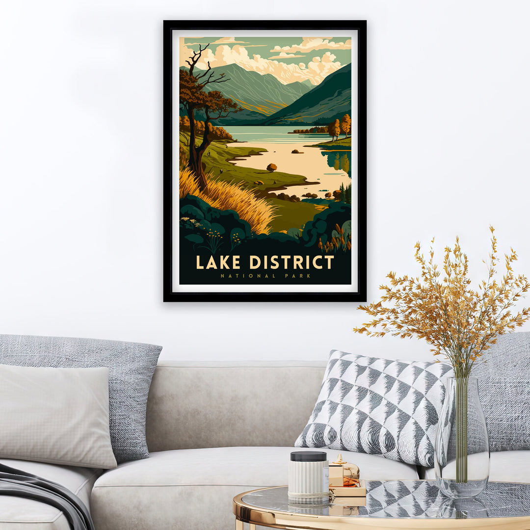 Lake District Travel Poster UK National Park Wall Art - England Travel Poster Lake District Home Decor Gift for Hikers - Nature Illustration