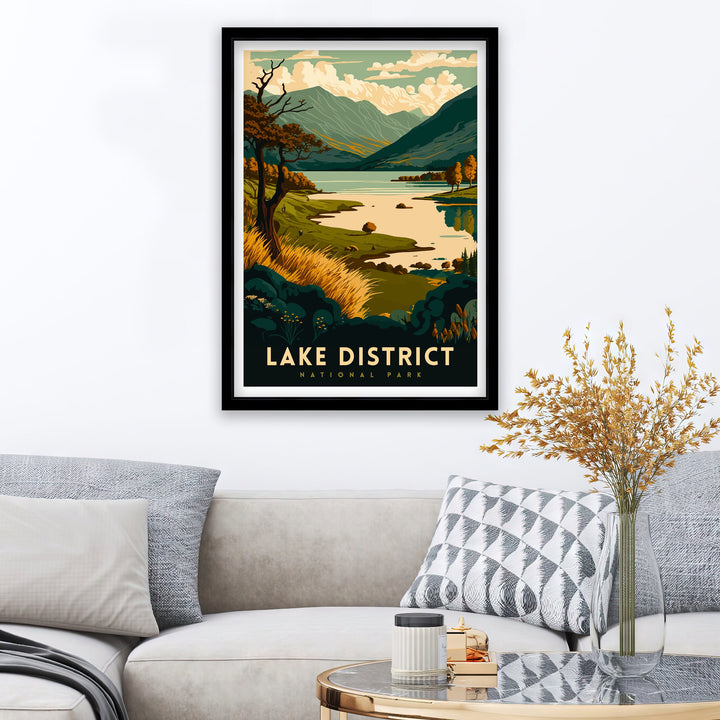 Lake District Travel Poster UK National Park Wall Art - England Travel Poster Lake District Home Decor Gift for Hikers - Nature Illustration