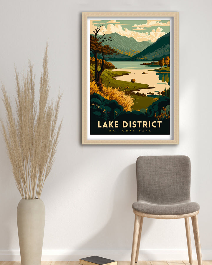 Lake District Travel Poster UK National Park Wall Art - England Travel Poster Lake District Home Decor Gift for Hikers - Nature Illustration