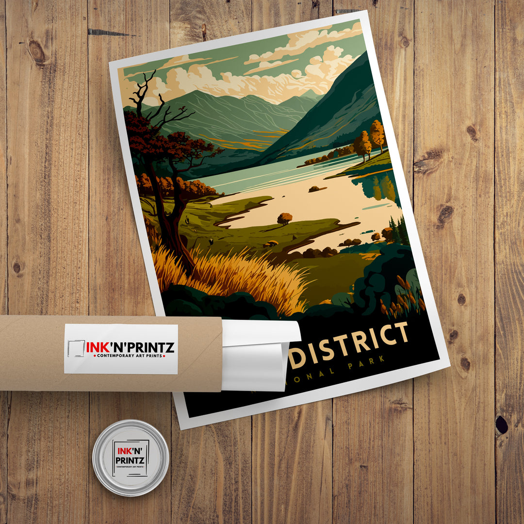 Lake District Travel Poster UK National Park Wall Art - England Travel Poster Lake District Home Decor Gift for Hikers - Nature Illustration