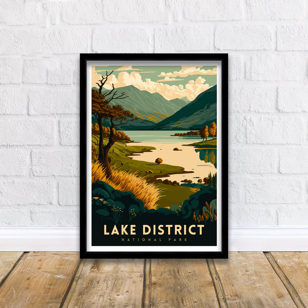 Lake District Travel Poster UK National Park Wall Art - England Travel Poster Lake District Home Decor Gift for Hikers - Nature Illustration