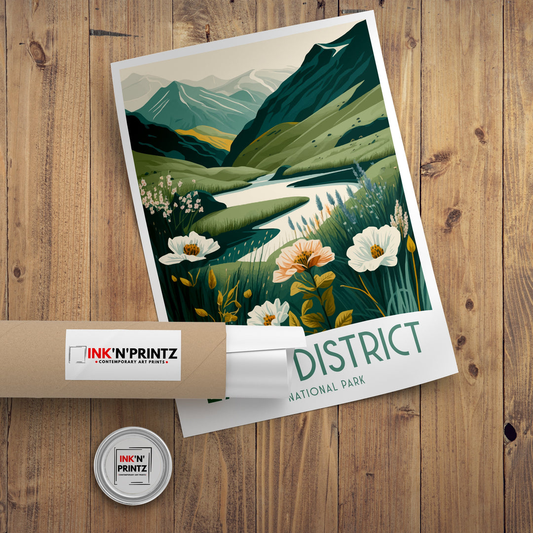 Lake District Travel Poster UK National Park Wall Art - England Travel Poster Lake District Home Decor Gift for Hikers - Nature Illustration