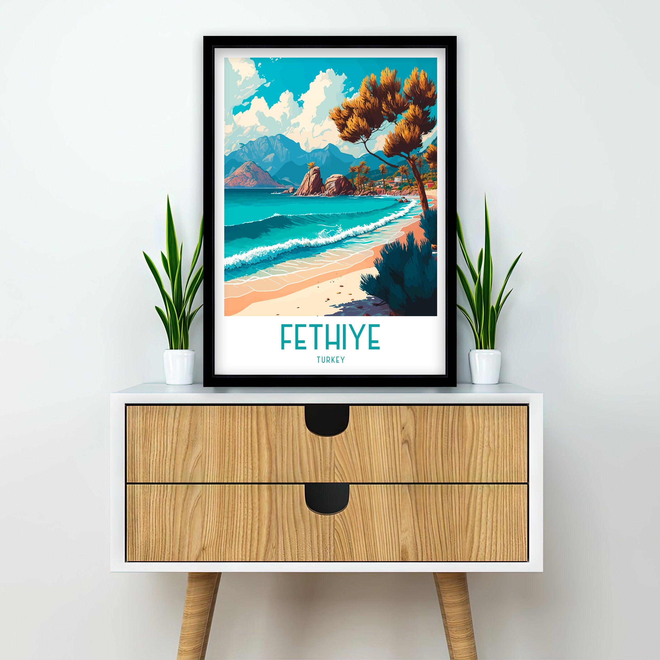 Fethiye Turkey Travel Poster, Coastal Illustration
