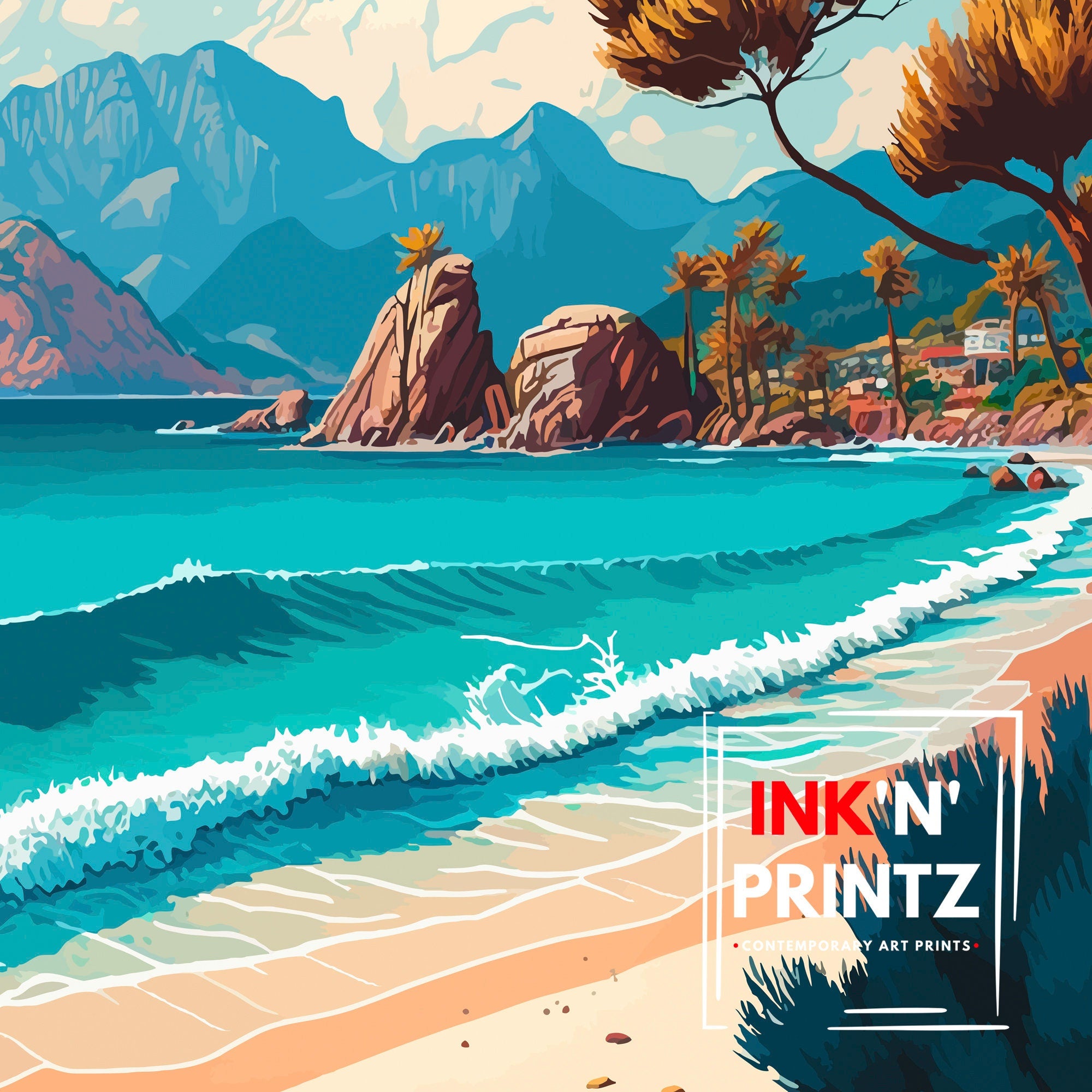 Fethiye Turkey Travel Poster, Coastal Illustration