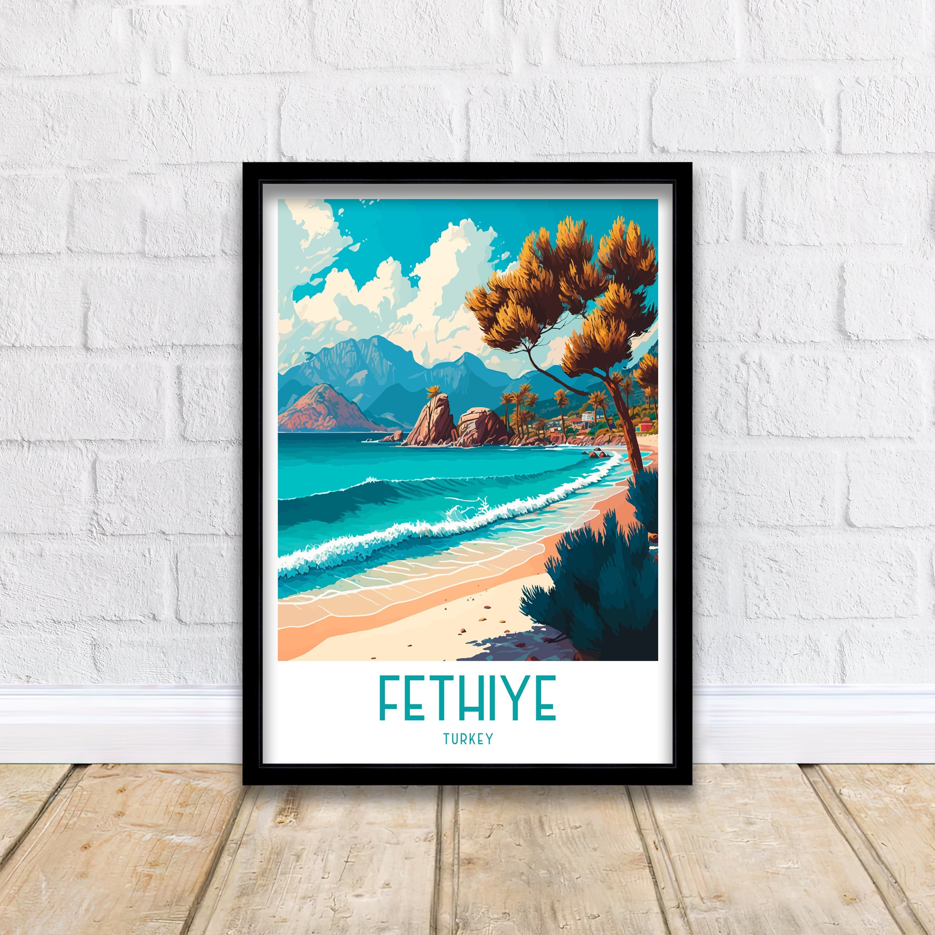 Fethiye Turkey Travel Poster, Coastal Illustration