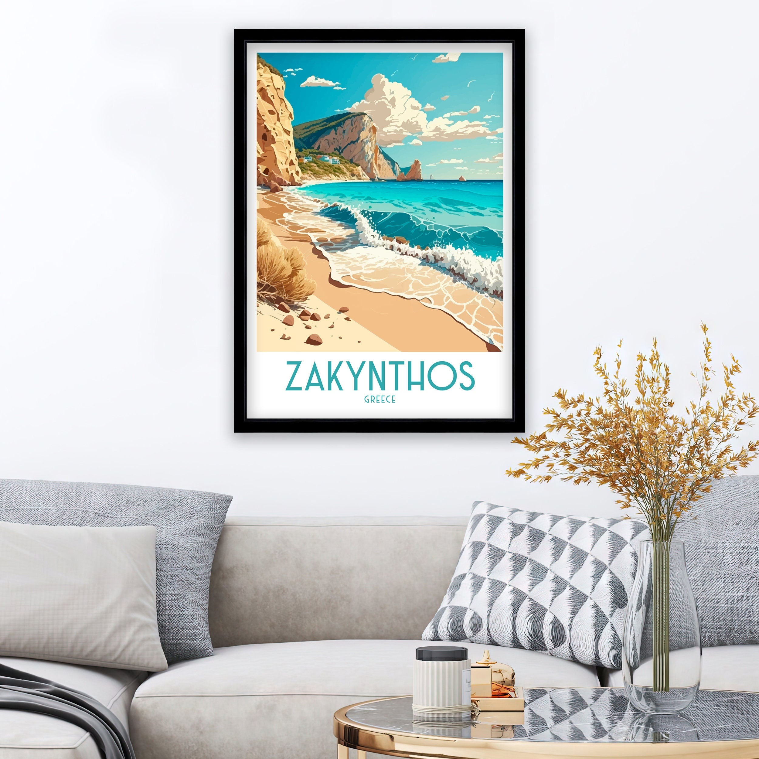 Zakynthos Greece Travel Poster: Beach & Cliffs Art Print