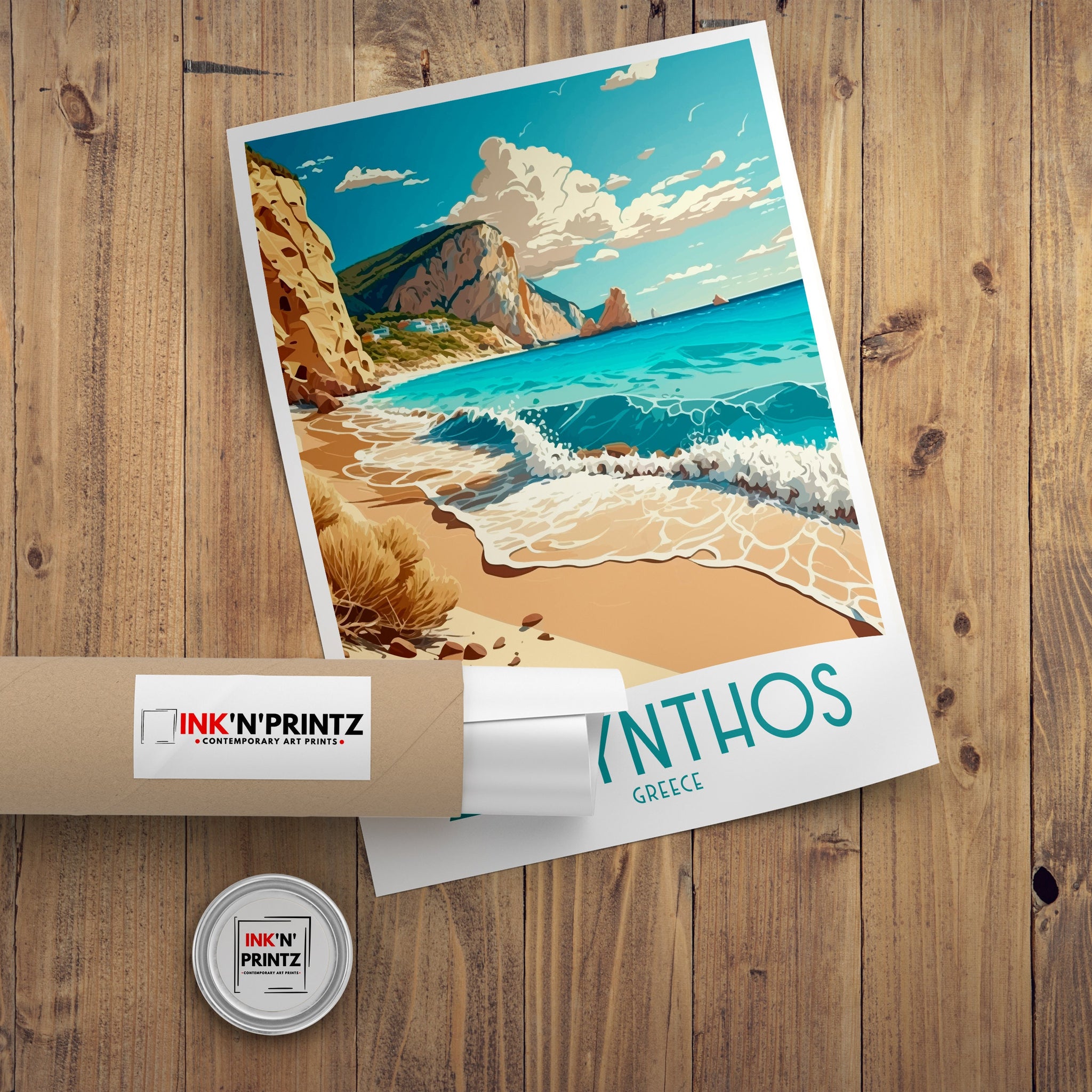Zakynthos Greece Travel Poster: Beach & Cliffs Art Print