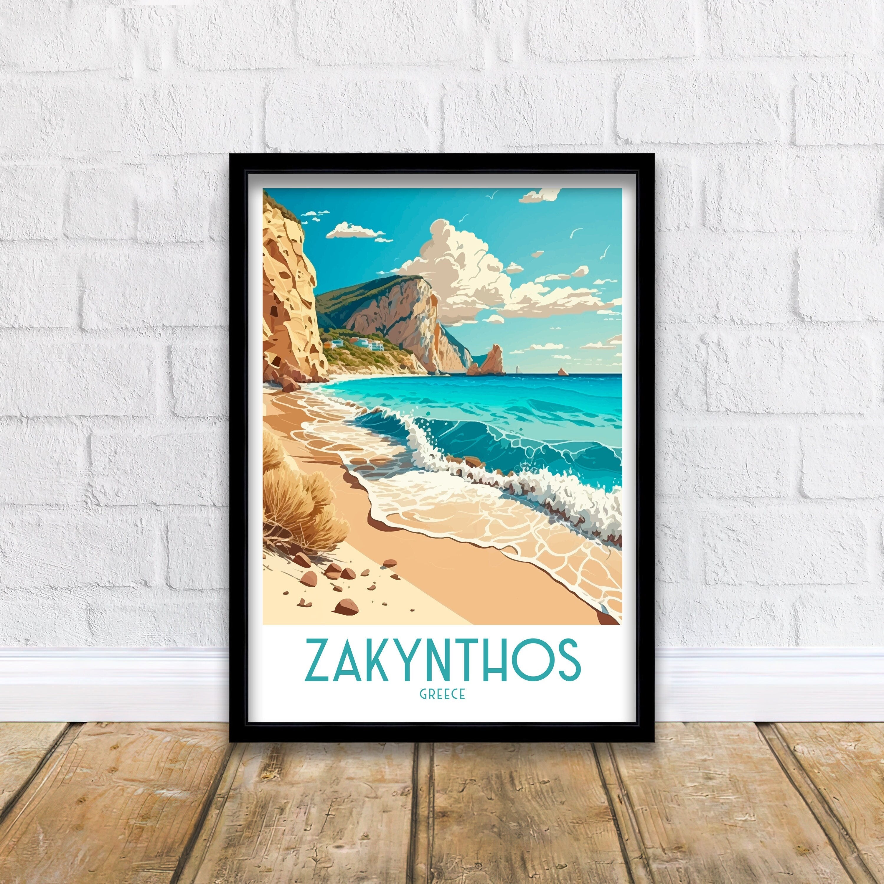 Zakynthos Greece Travel Poster: Beach & Cliffs Art Print