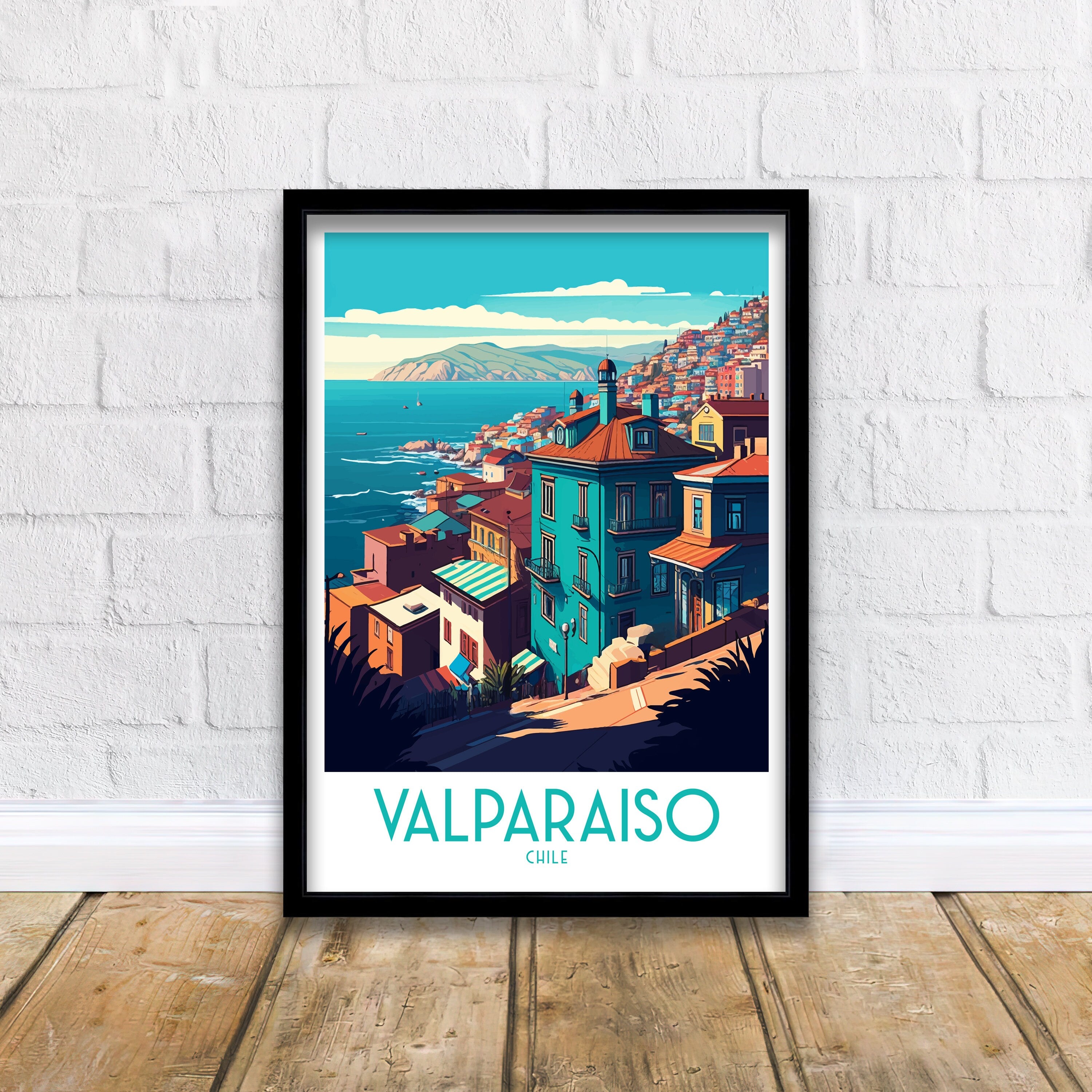 Valparaiso Chile Travel Poster, Colorful Architecture Art Print
