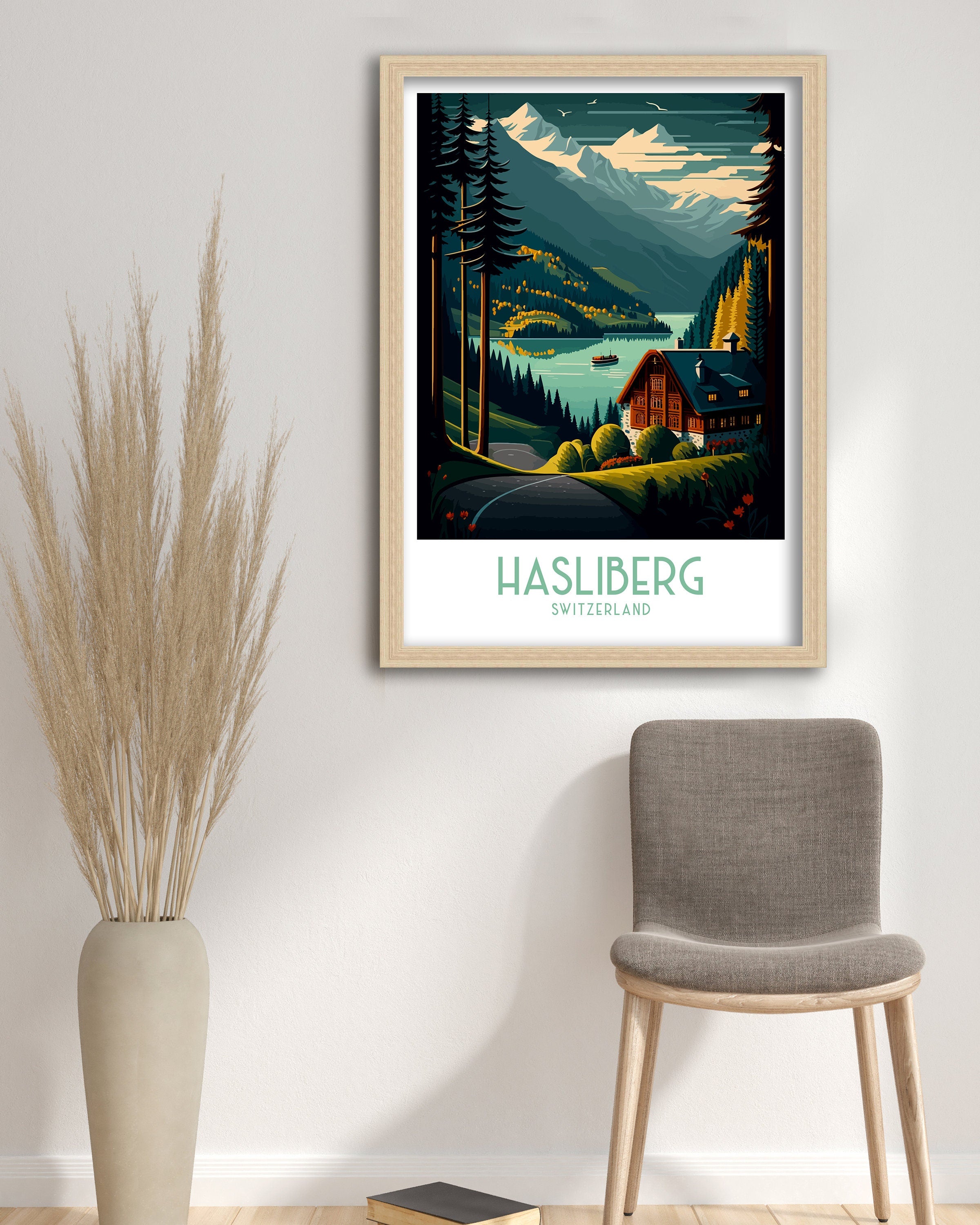 Hasliberg Switzerland Travel Poster, Swiss Alps Illustration