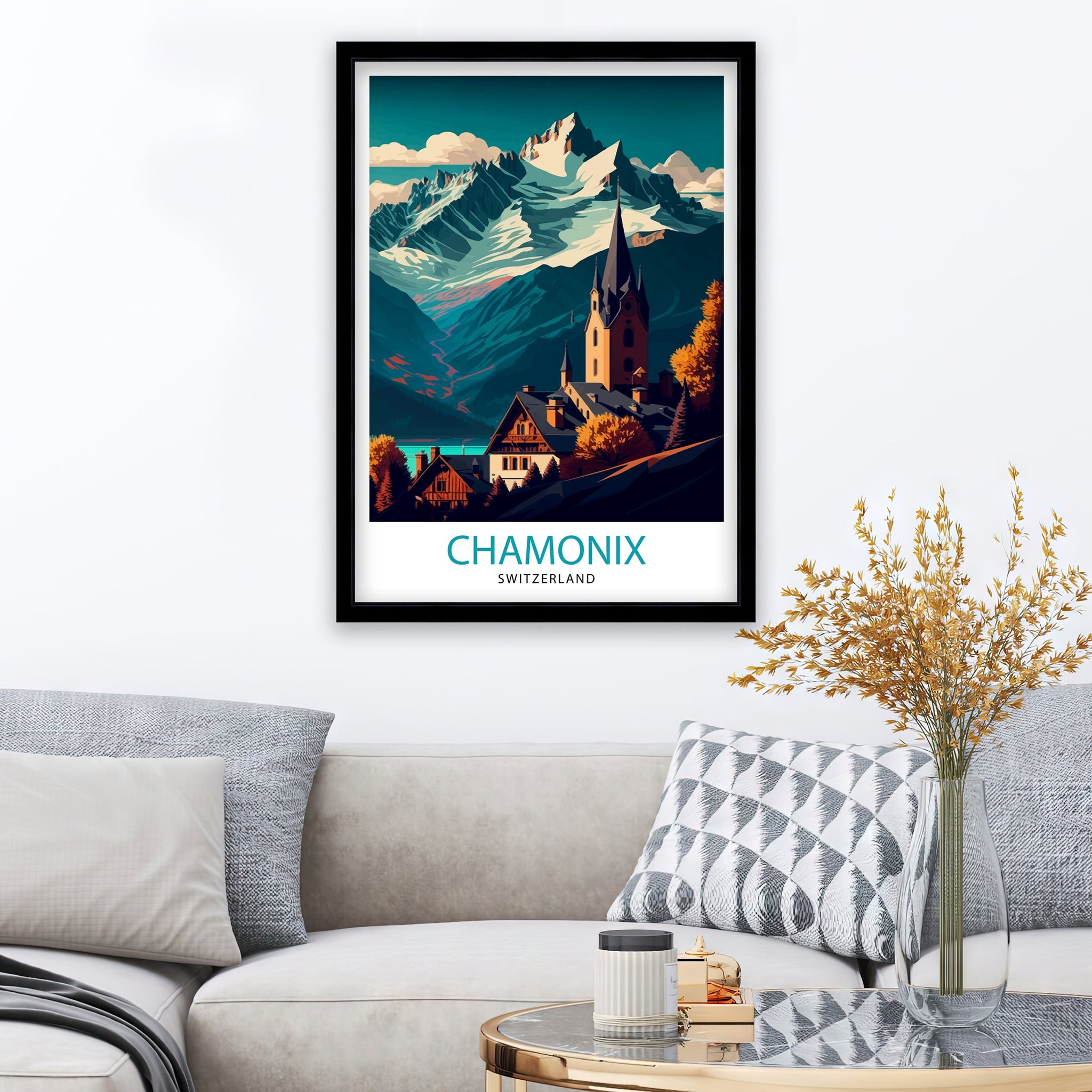 Chamonix Switzerland Travel Poster, Swiss Alps Illustration