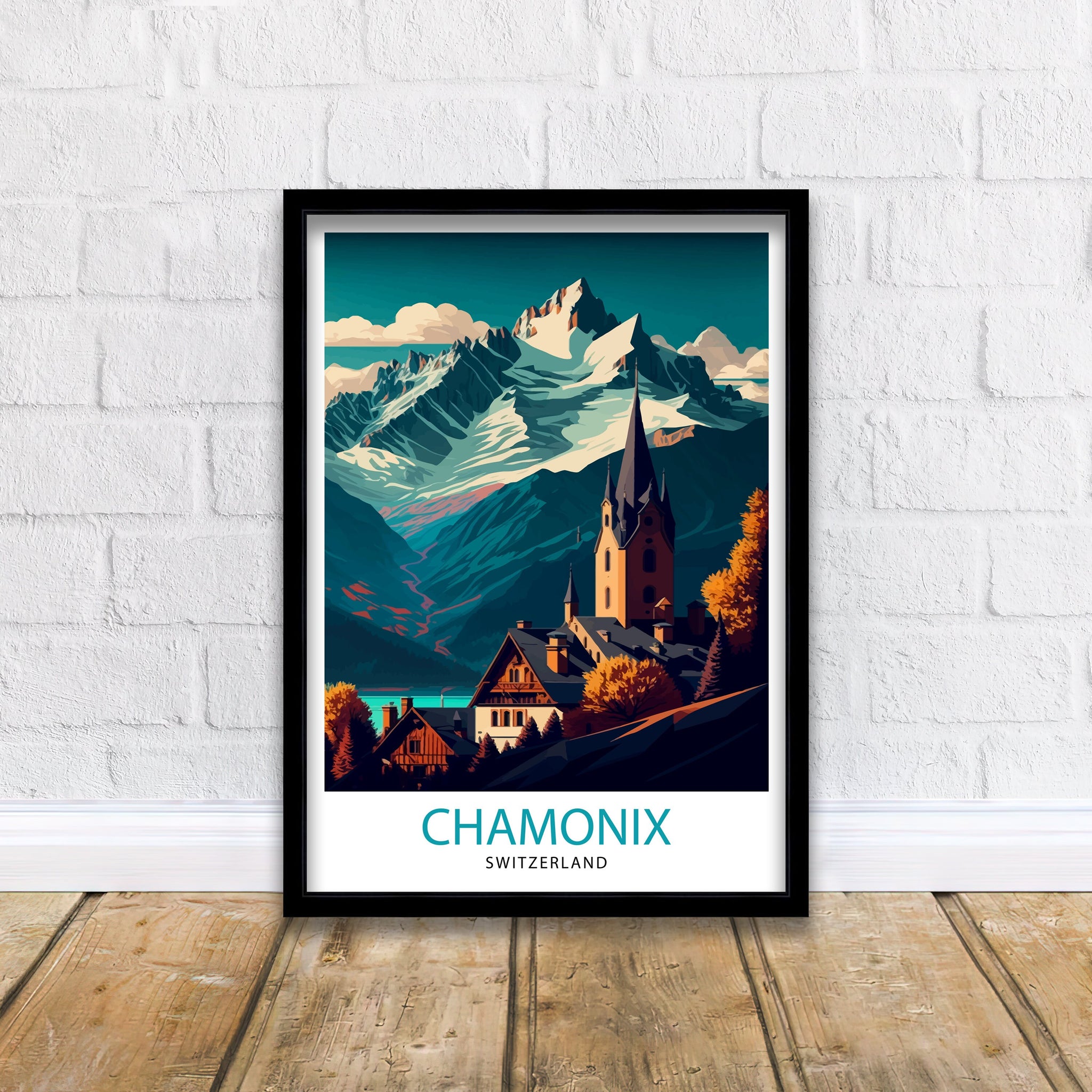 Chamonix Switzerland Travel Poster, Swiss Alps Illustration