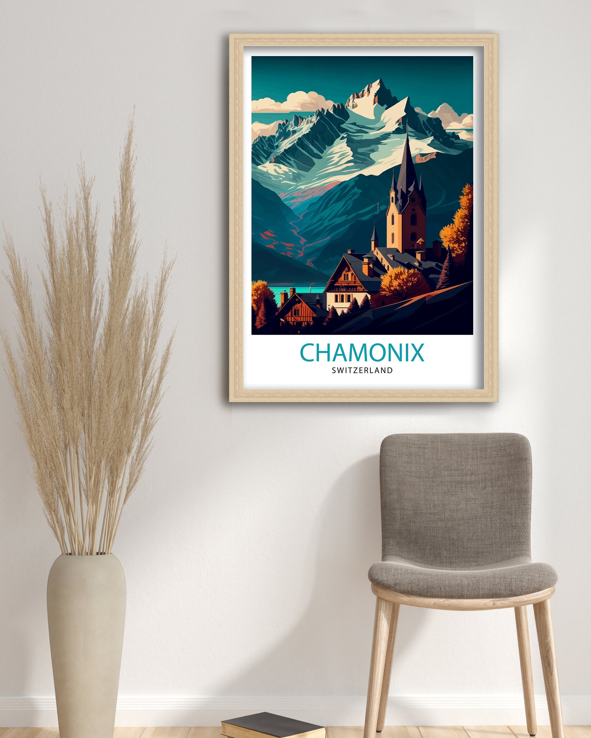 Chamonix Switzerland Travel Poster, Swiss Alps Illustration