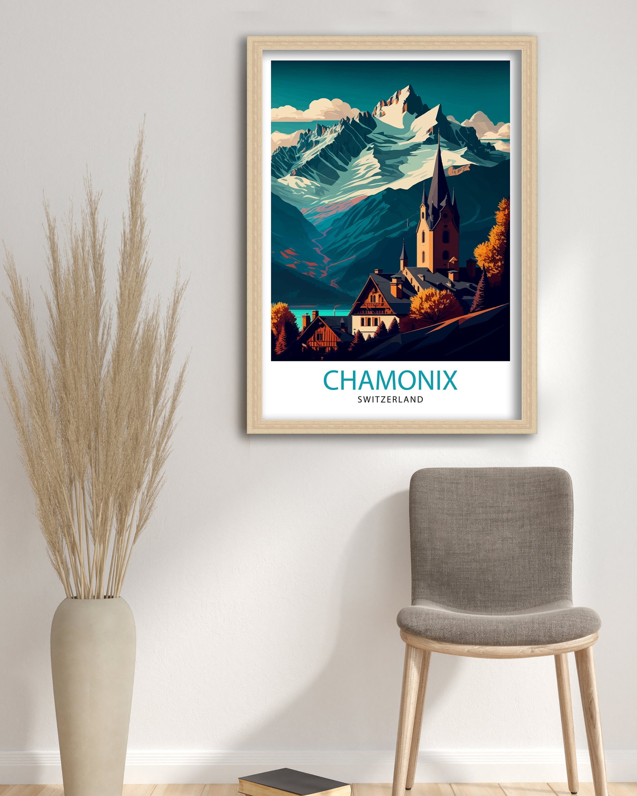 Chamonix Switzerland Travel Poster, Swiss Alps Illustration