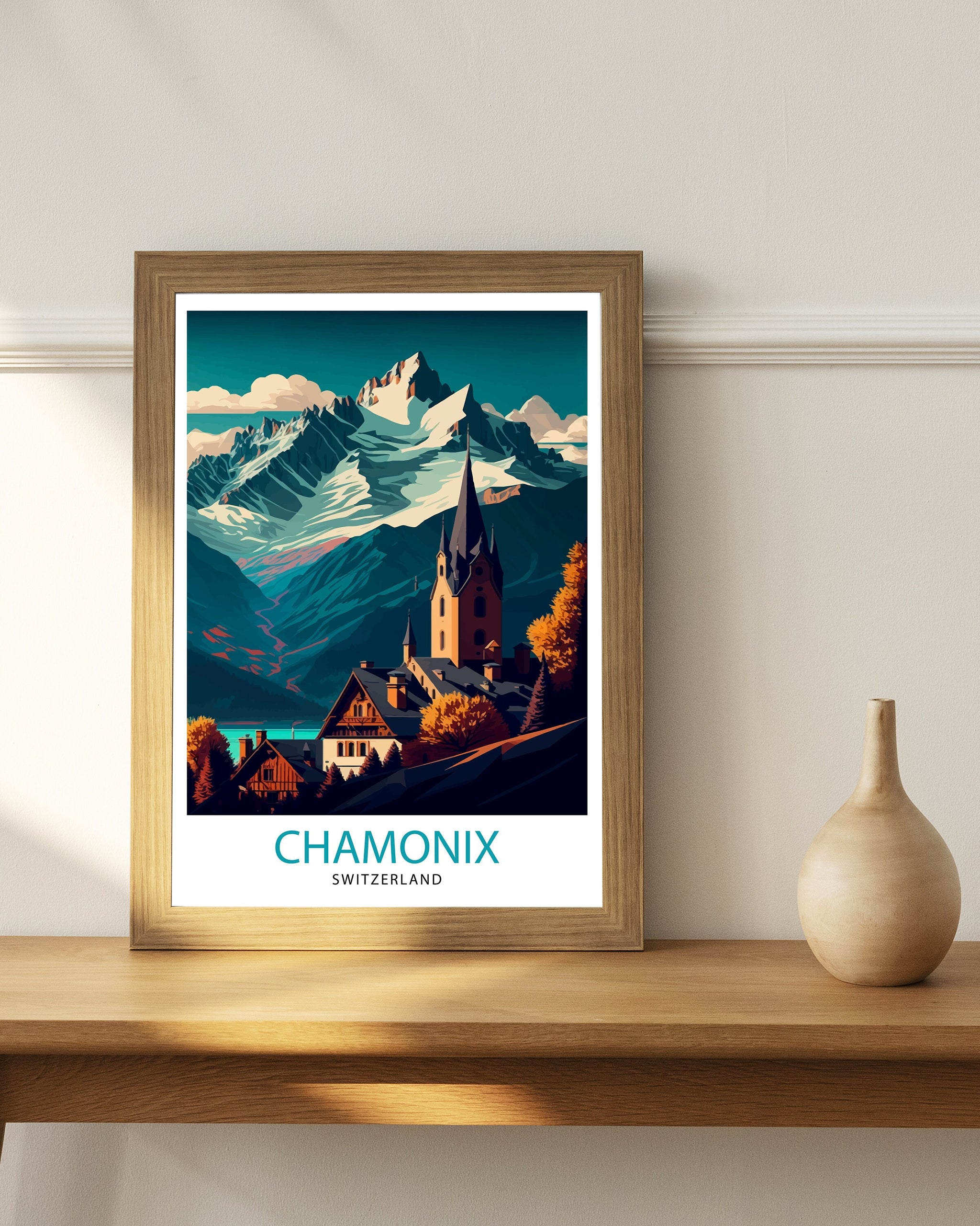 Chamonix Switzerland Travel Poster, Swiss Alps Illustration