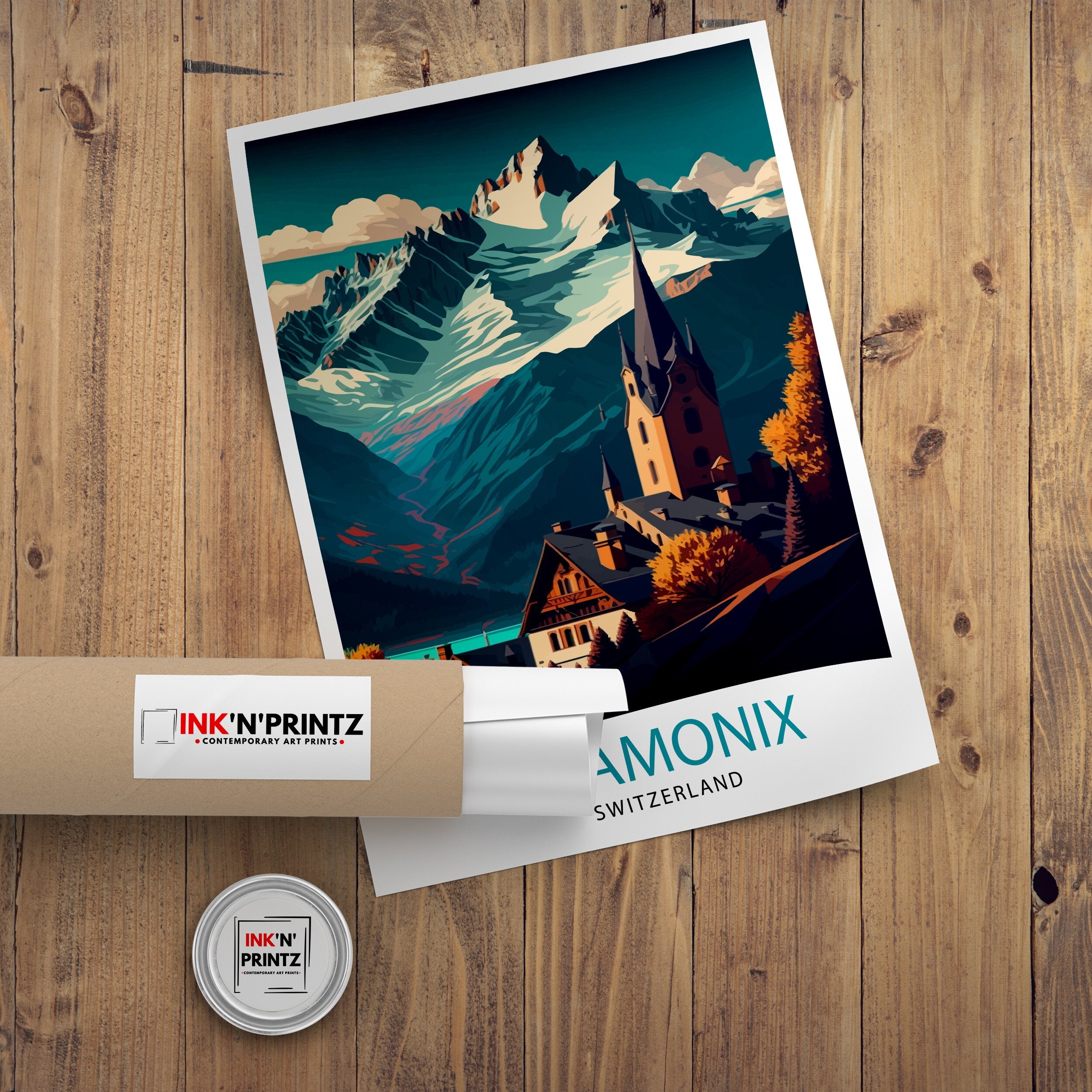 Chamonix Switzerland Travel Poster, Swiss Alps Illustration