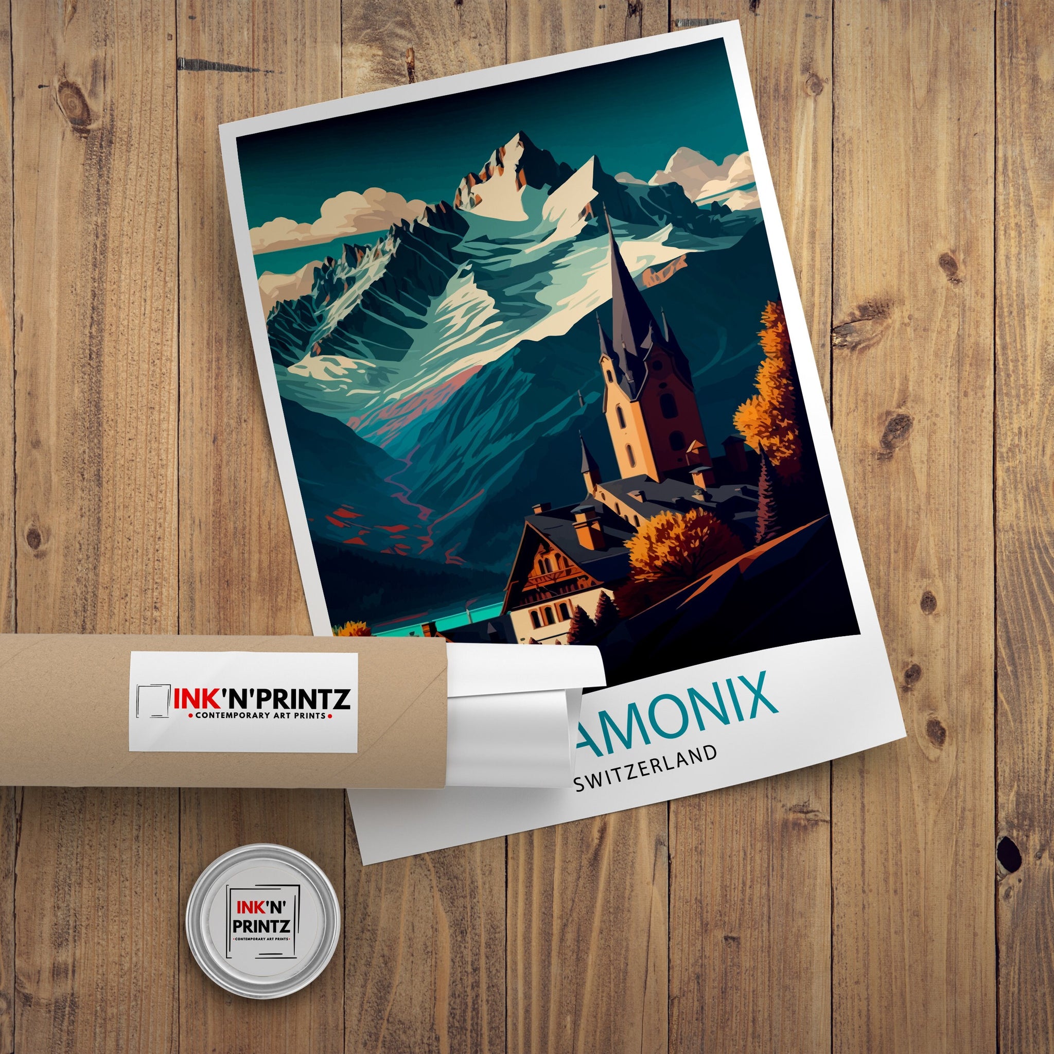 Chamonix Switzerland Travel Poster, Swiss Alps Illustration
