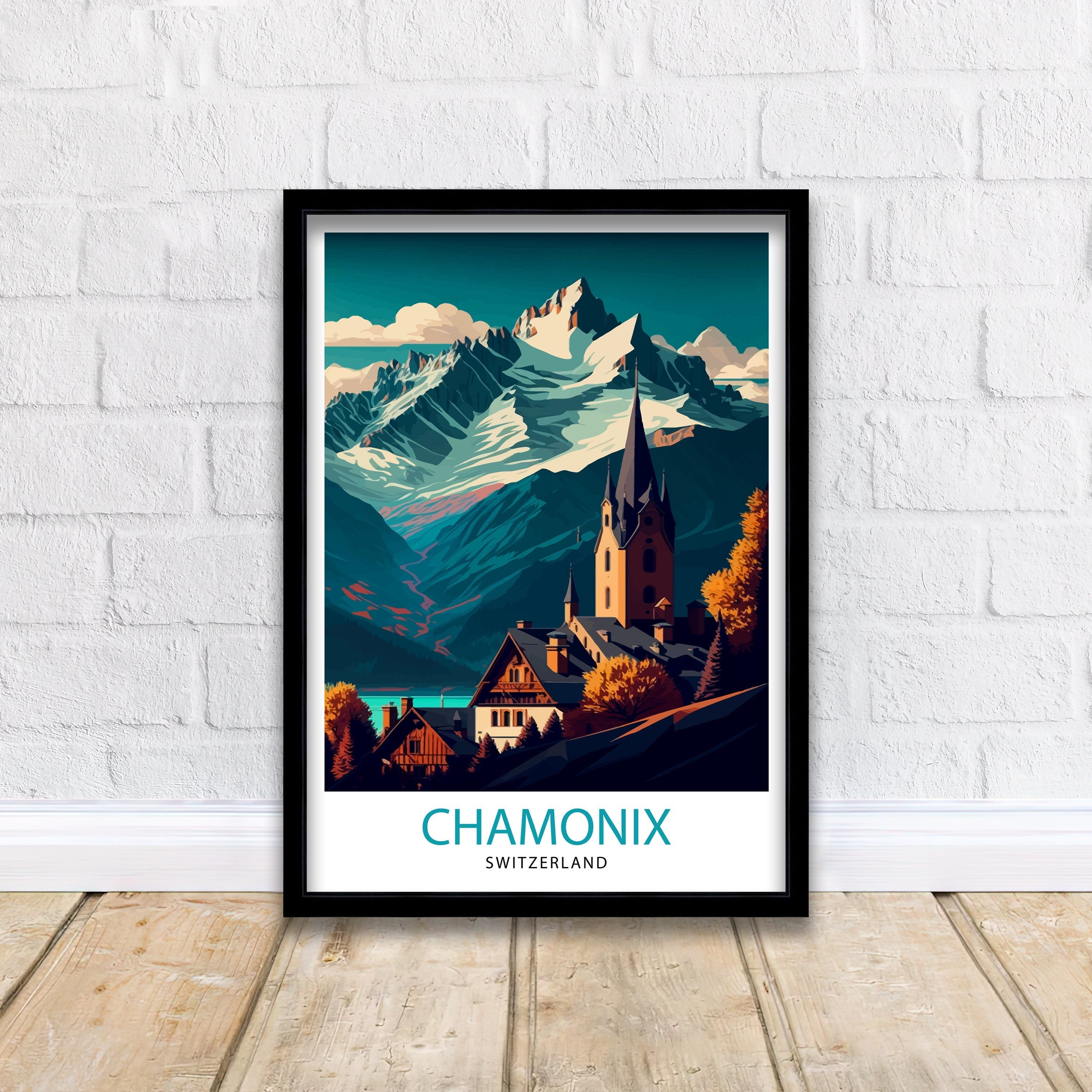 Chamonix Switzerland Travel Poster, Swiss Alps Illustration
