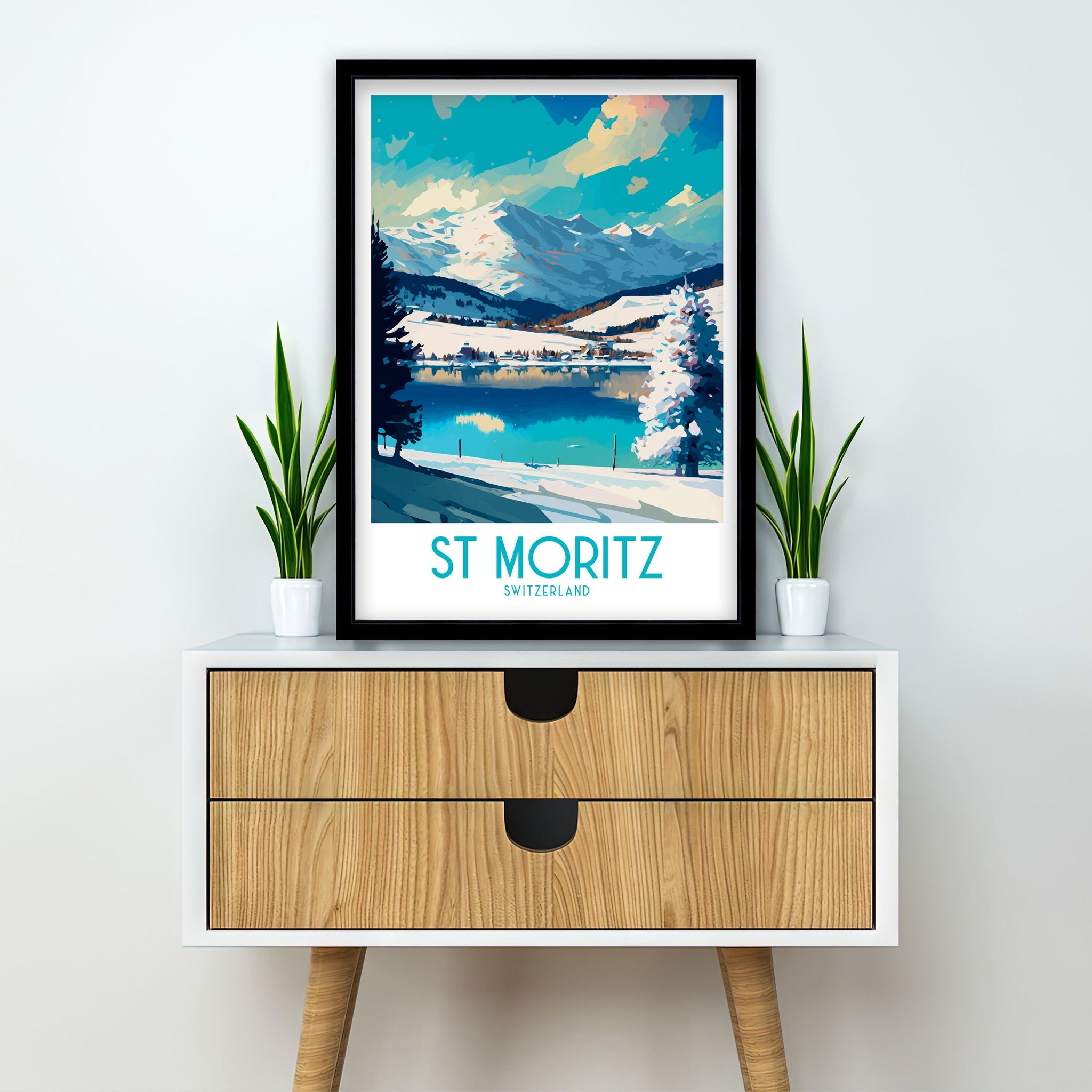 St Moritz Switzerland Travel Poster | Mountain Lake Art Print