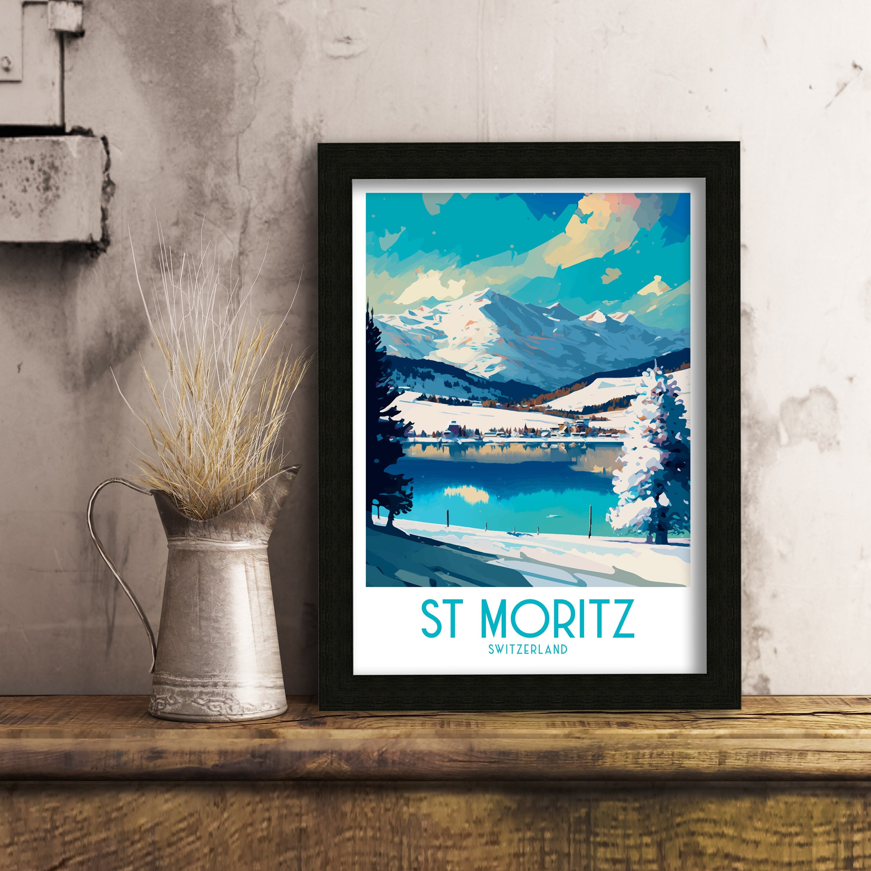 St Moritz Switzerland Travel Poster | Mountain Lake Art Print