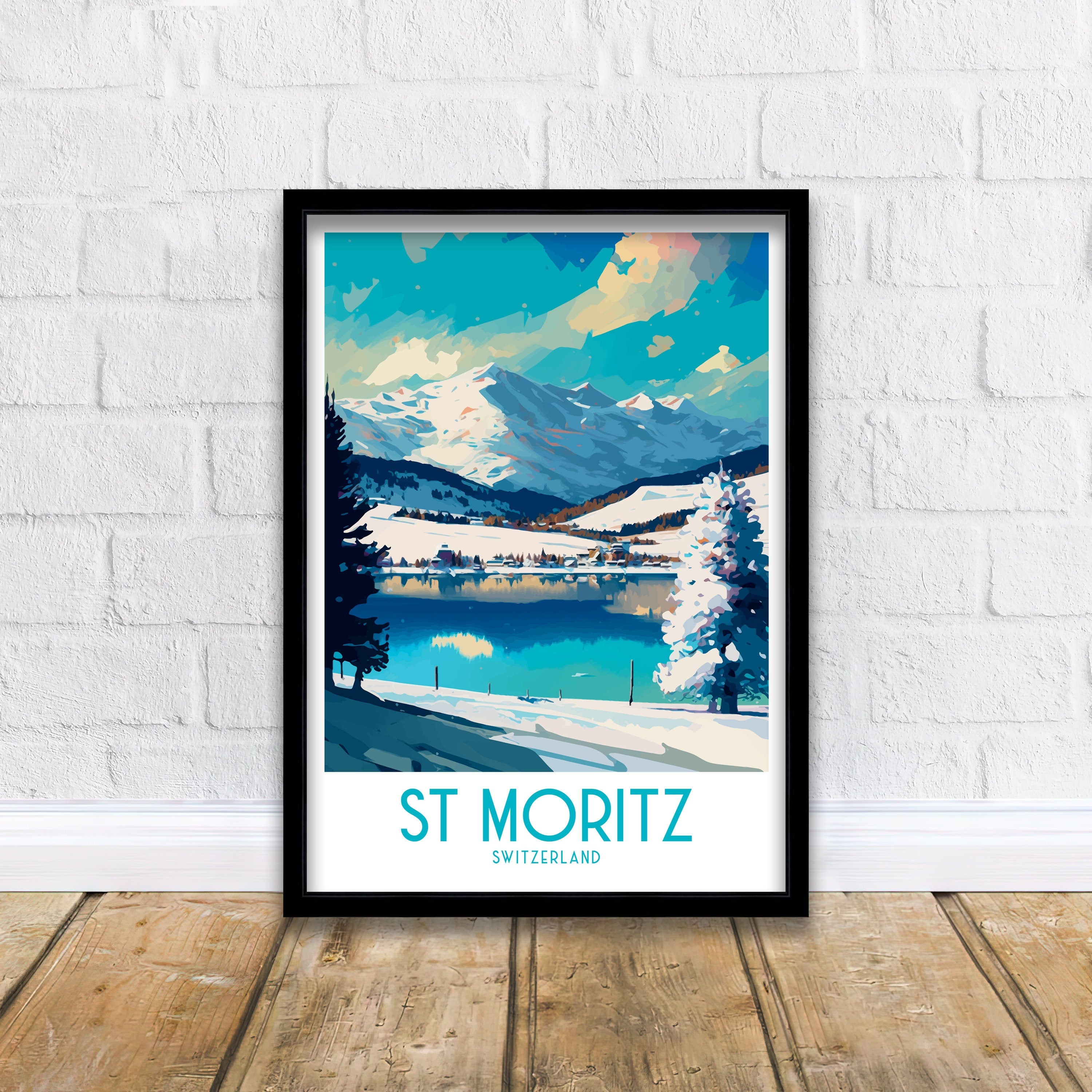 St Moritz Switzerland Travel Poster | Mountain Lake Art Print