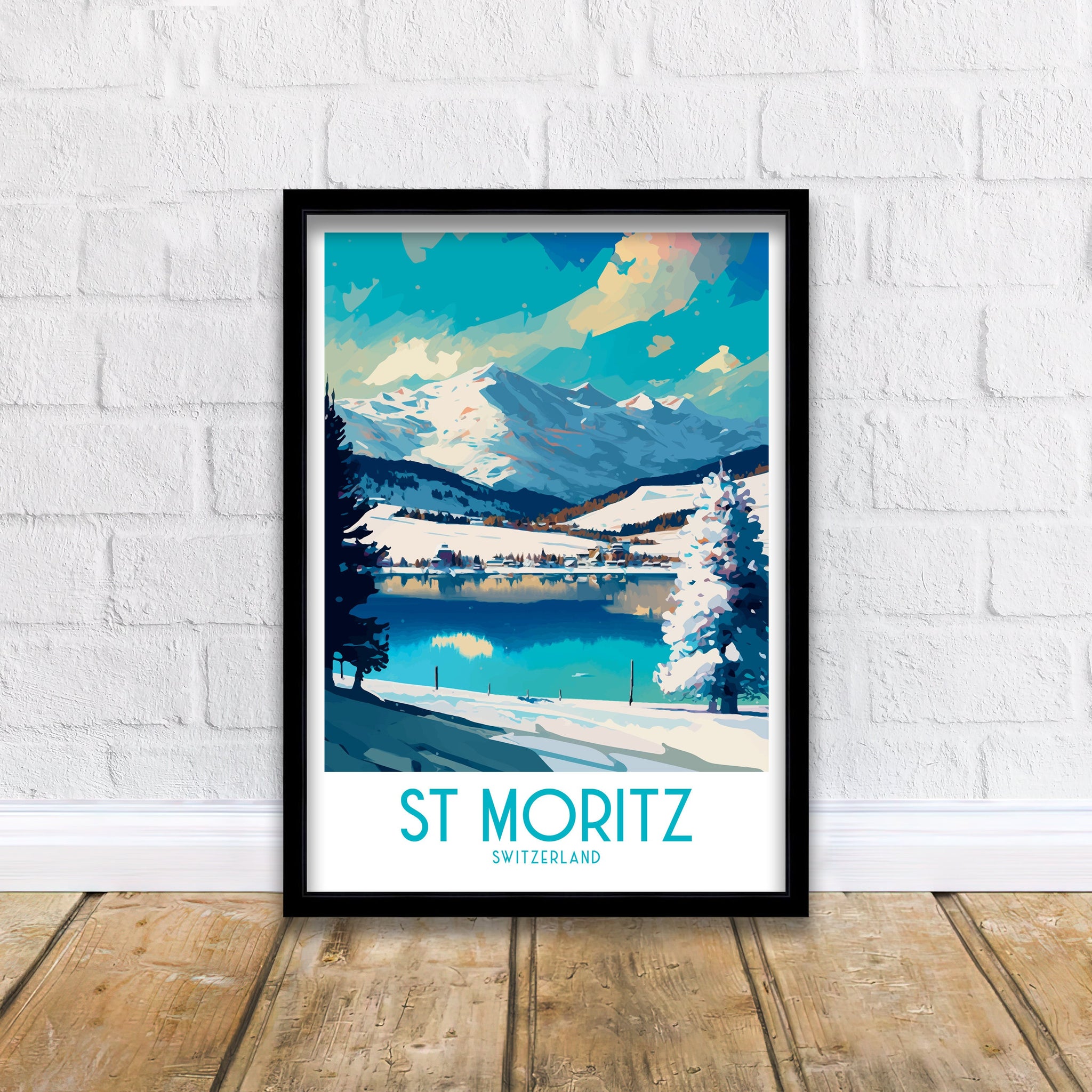 St Moritz Switzerland Travel Poster | Mountain Lake Art Print