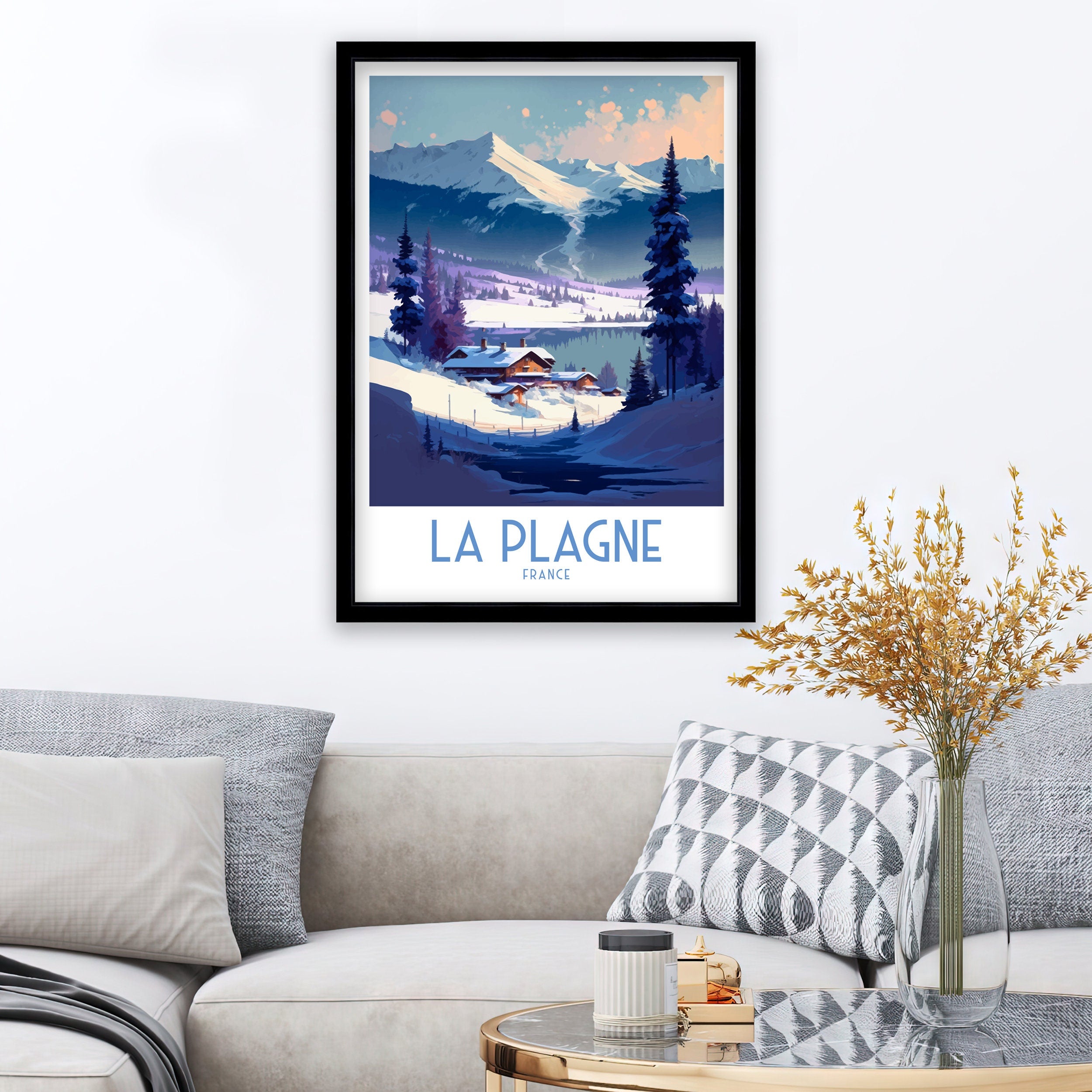 La Plagne France Travel Poster, French Alps Illustration
