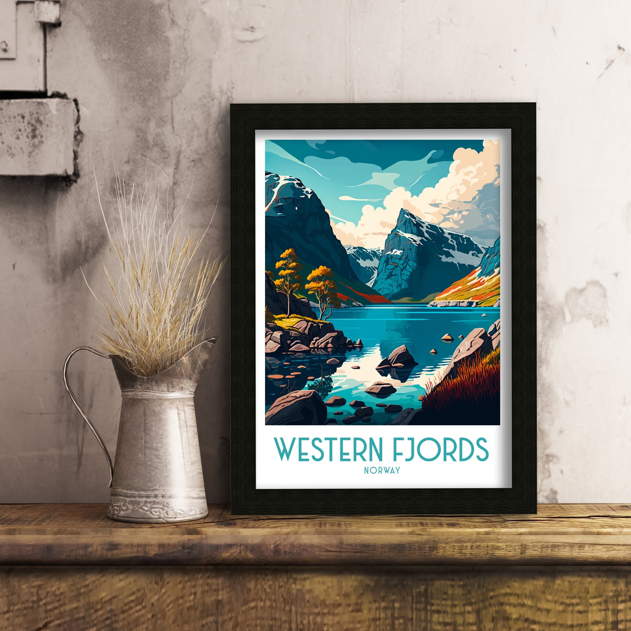 Norway Fjords Travel Print, Scenic Illustration, Home Decor