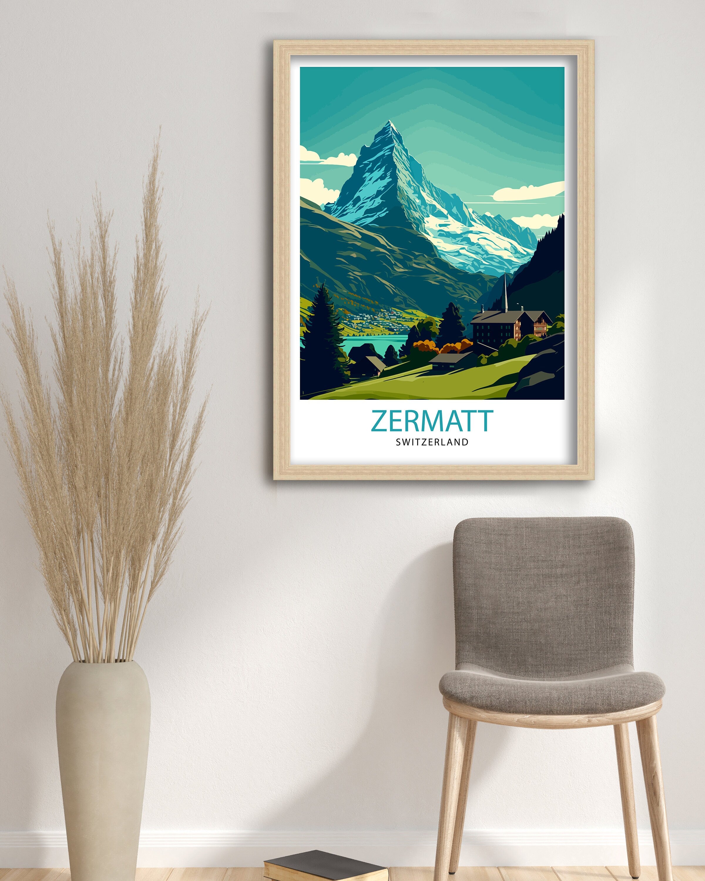 Zermatt Switzerland Travel Poster, Matterhorn Illustration