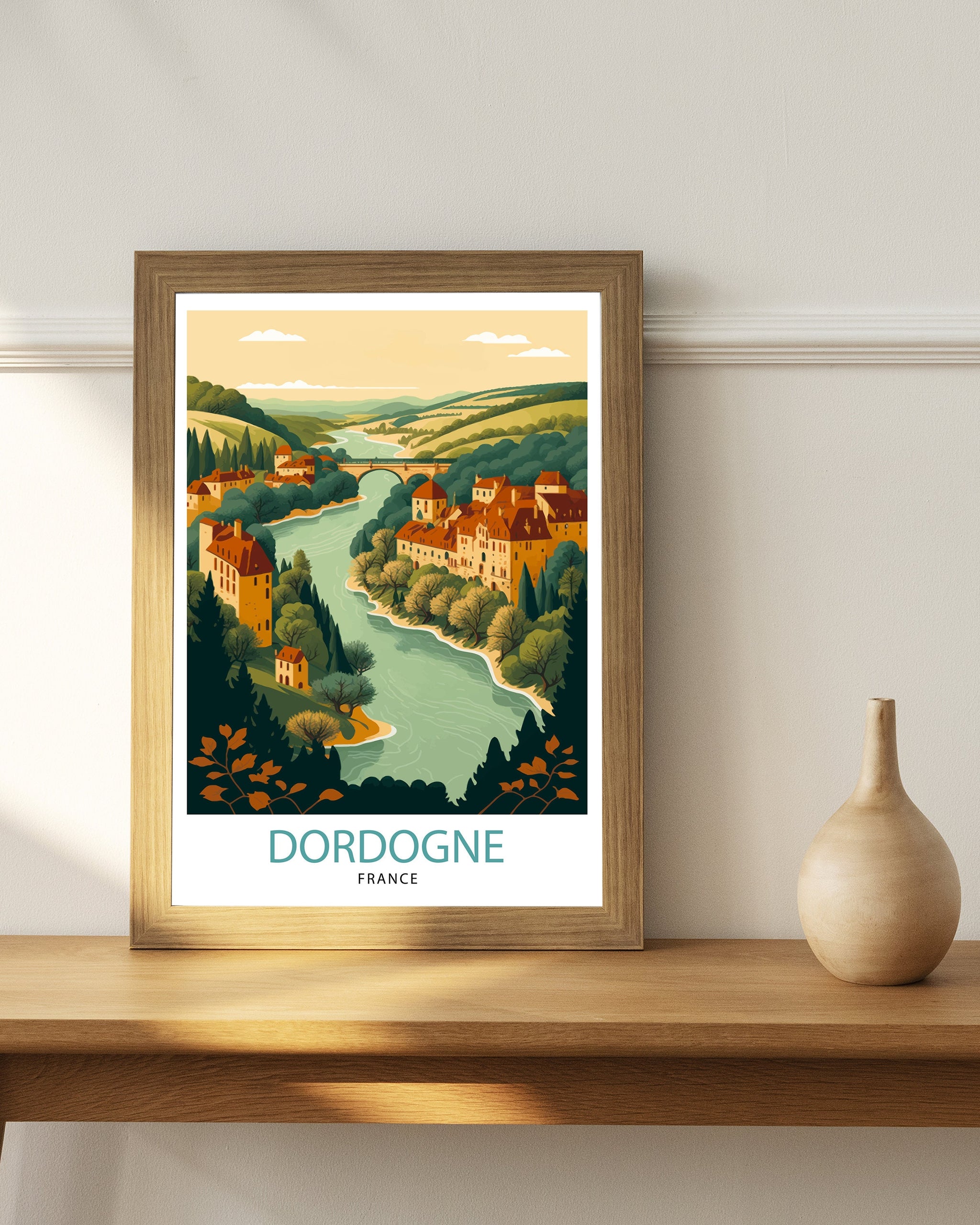 Dordogne France Travel Poster, Rustic Village Illustration