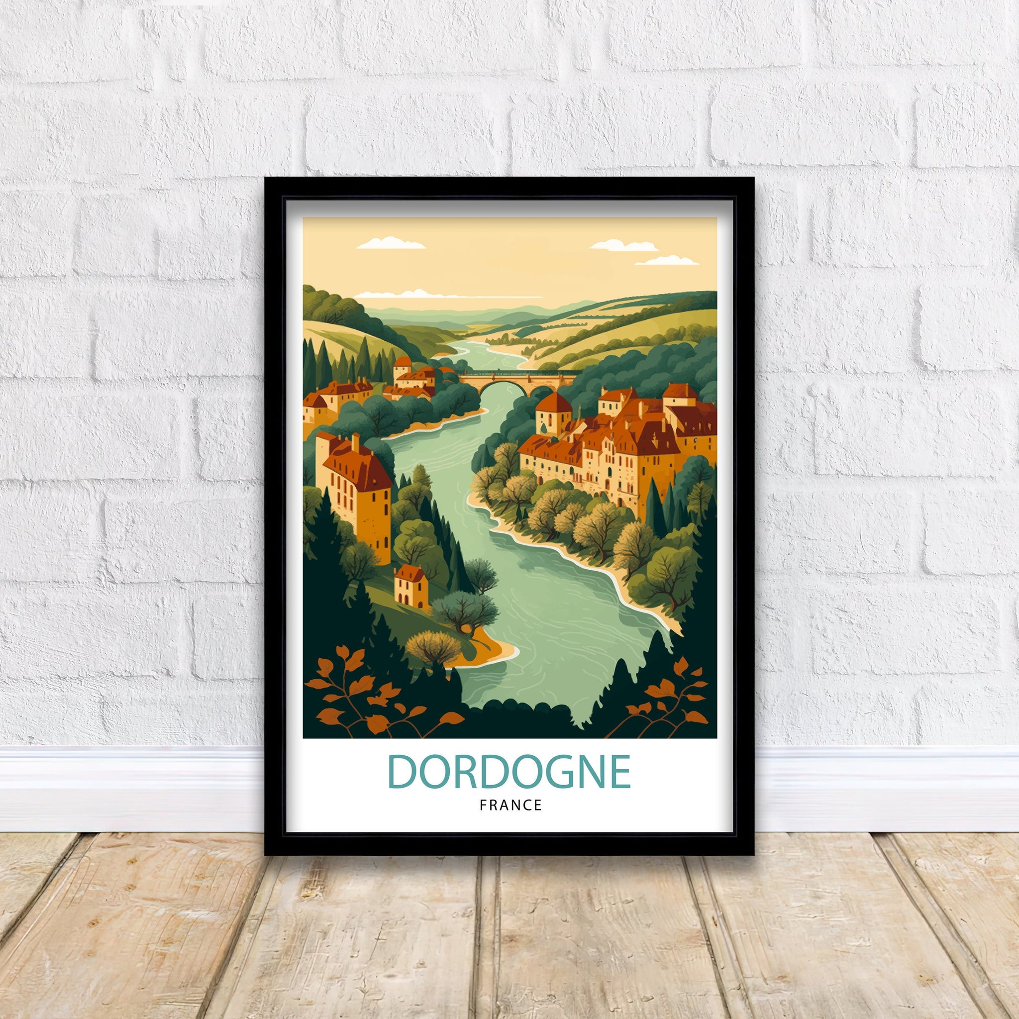 Dordogne France Travel Poster, Rustic Village Illustration