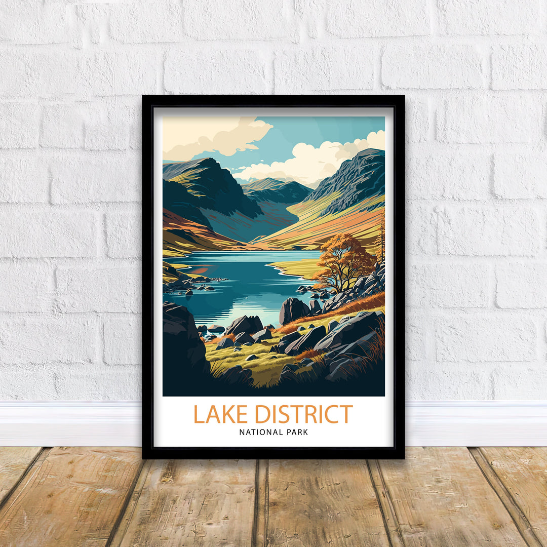 Lake District Travel Poster UK National Park Wall Art - England Travel Poster Lake District Home Decor Gift for Hikers - Nature Illustration