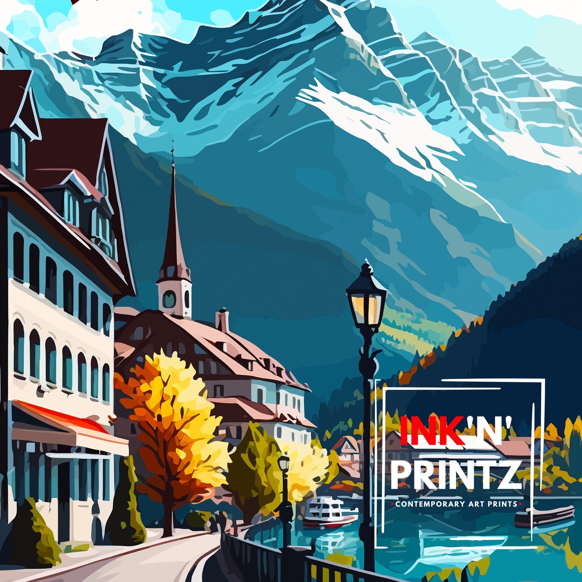 Interlaken Switzerland Travel Poster, Swiss Home Decor