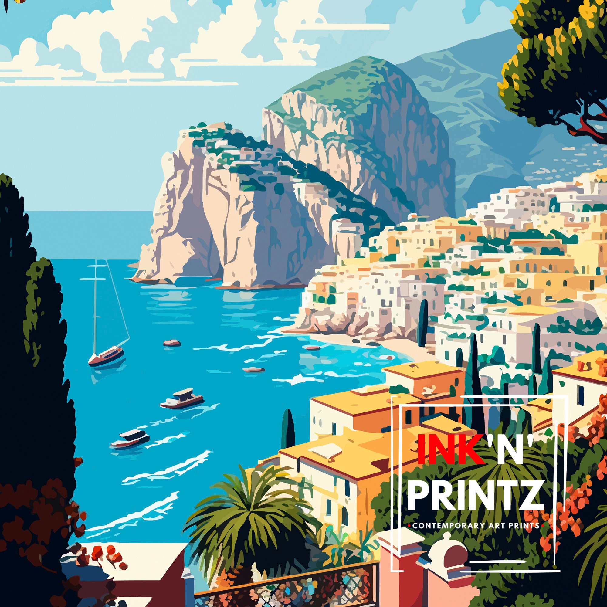 Capri Italy Travel Poster, Coastal Illustration Art Print