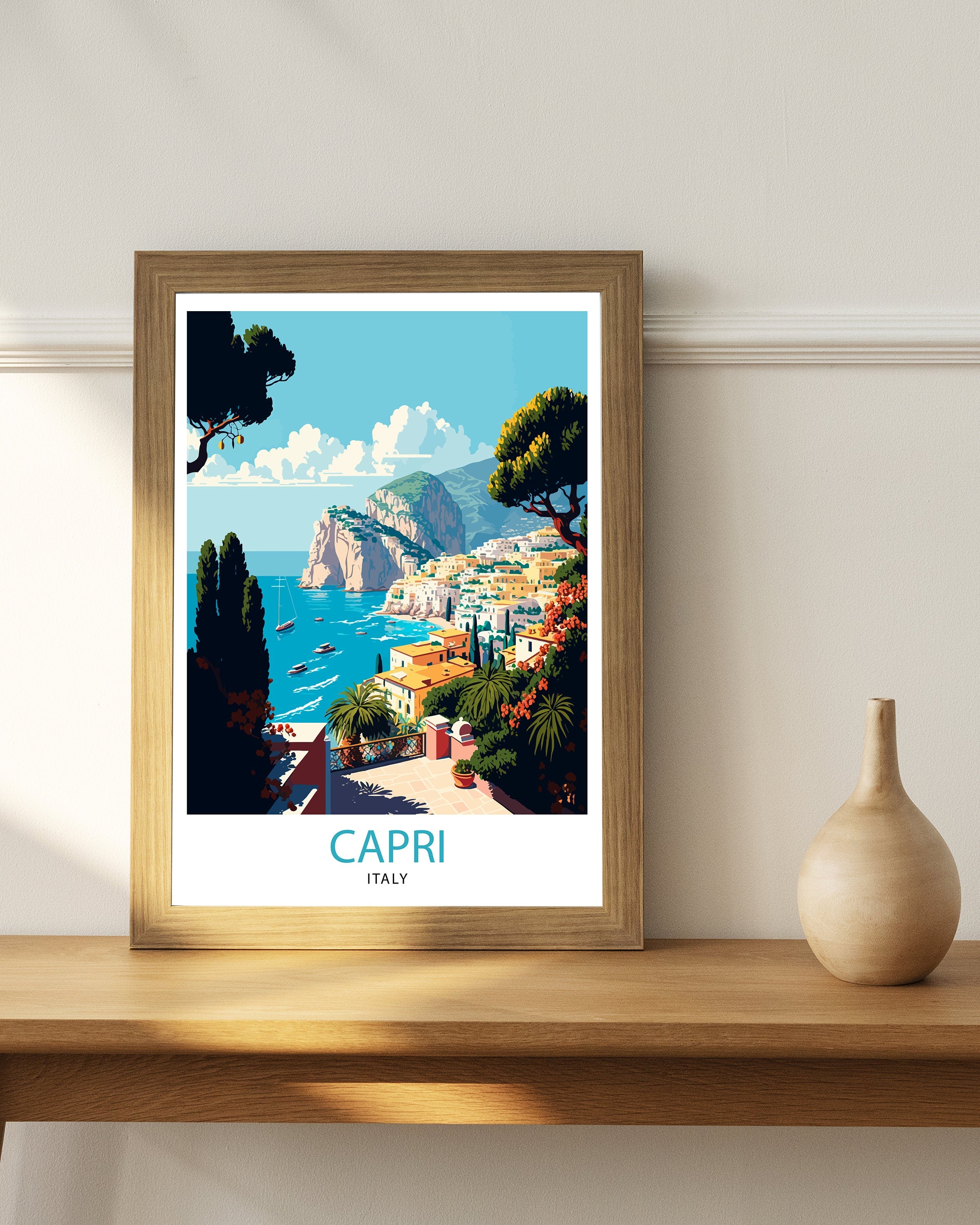 Capri Italy Travel Poster, Coastal Illustration Art Print