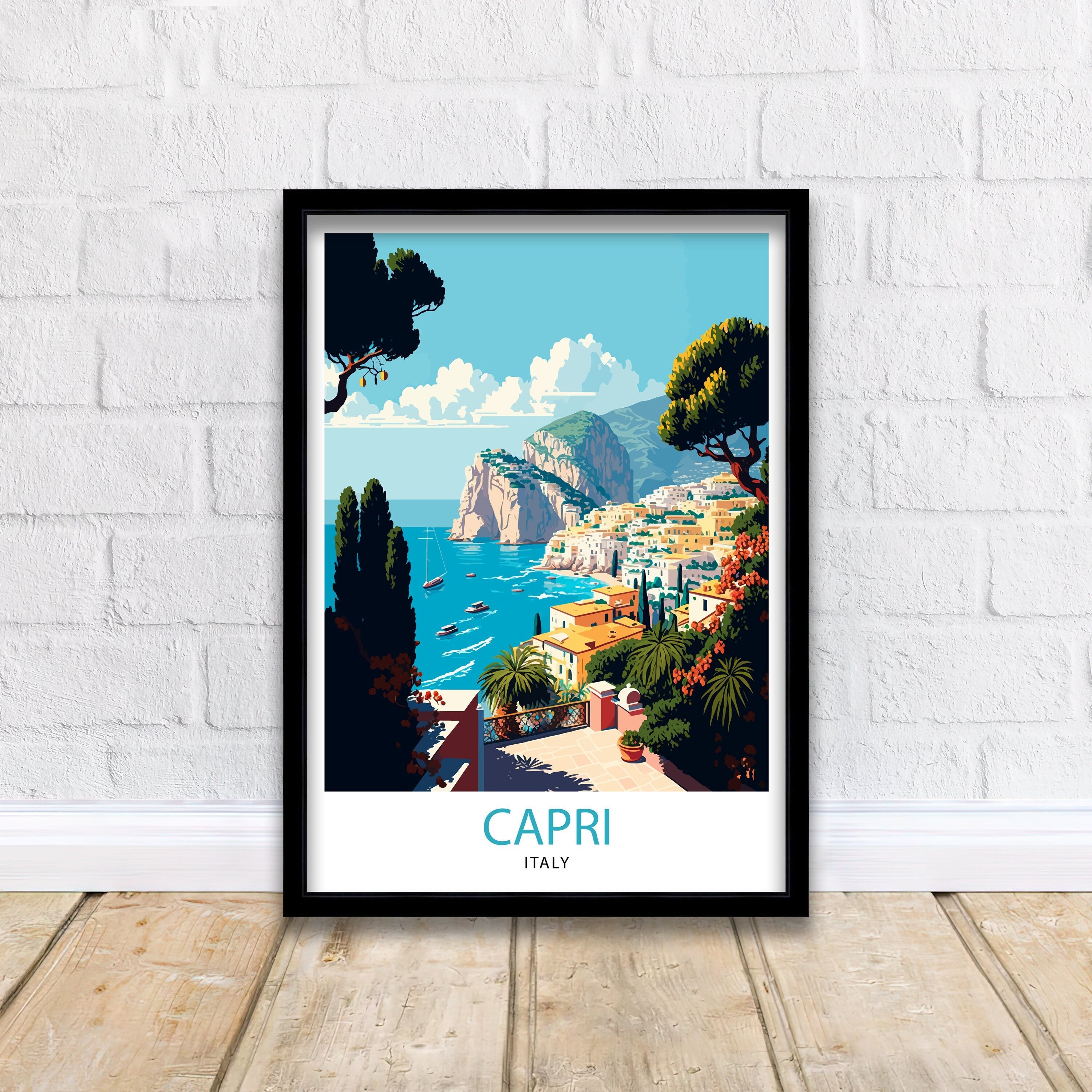 Capri Italy Travel Poster, Coastal Illustration Art Print