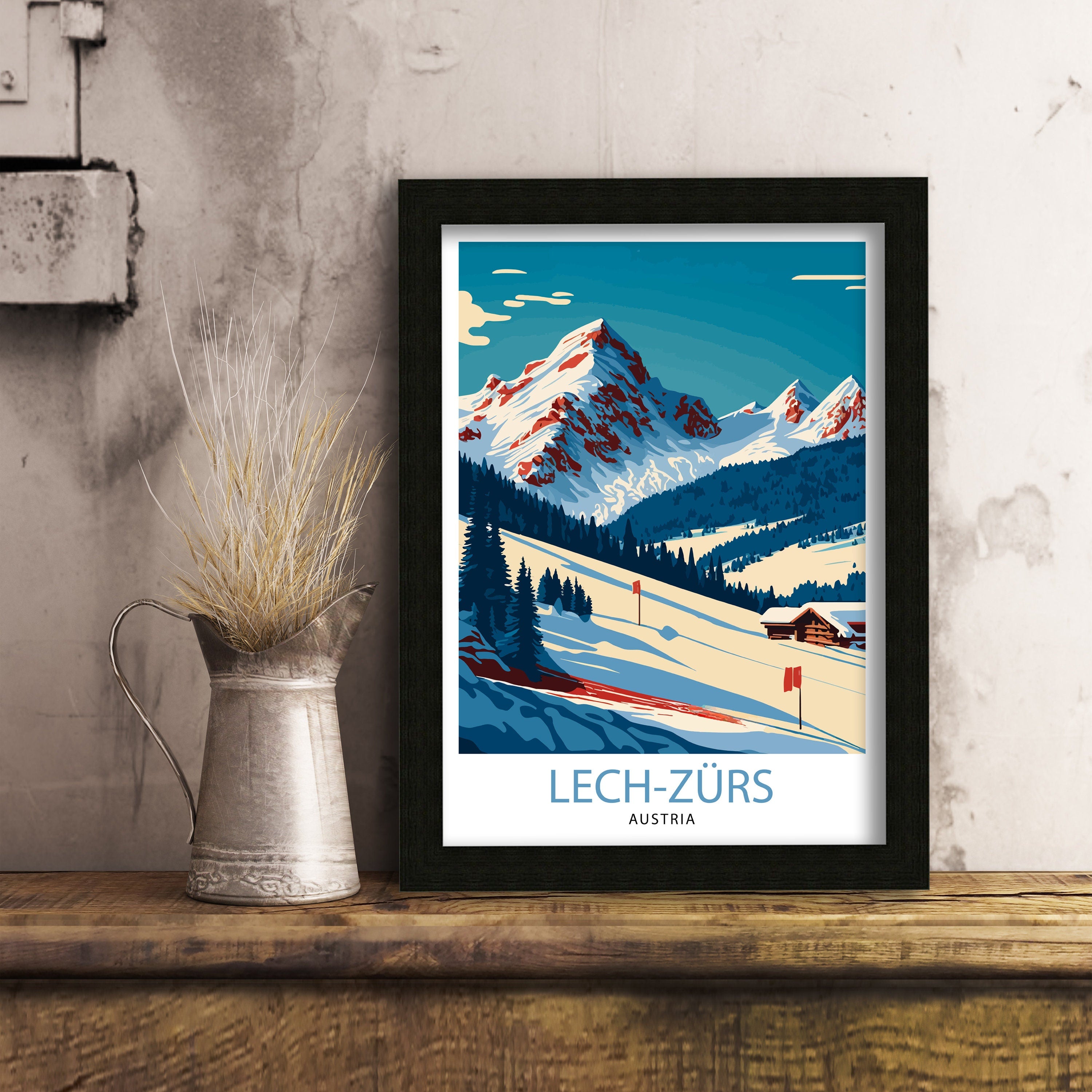 Lech Zurs Ski Resort Art Print, Austrian Alpine Chalet Decor