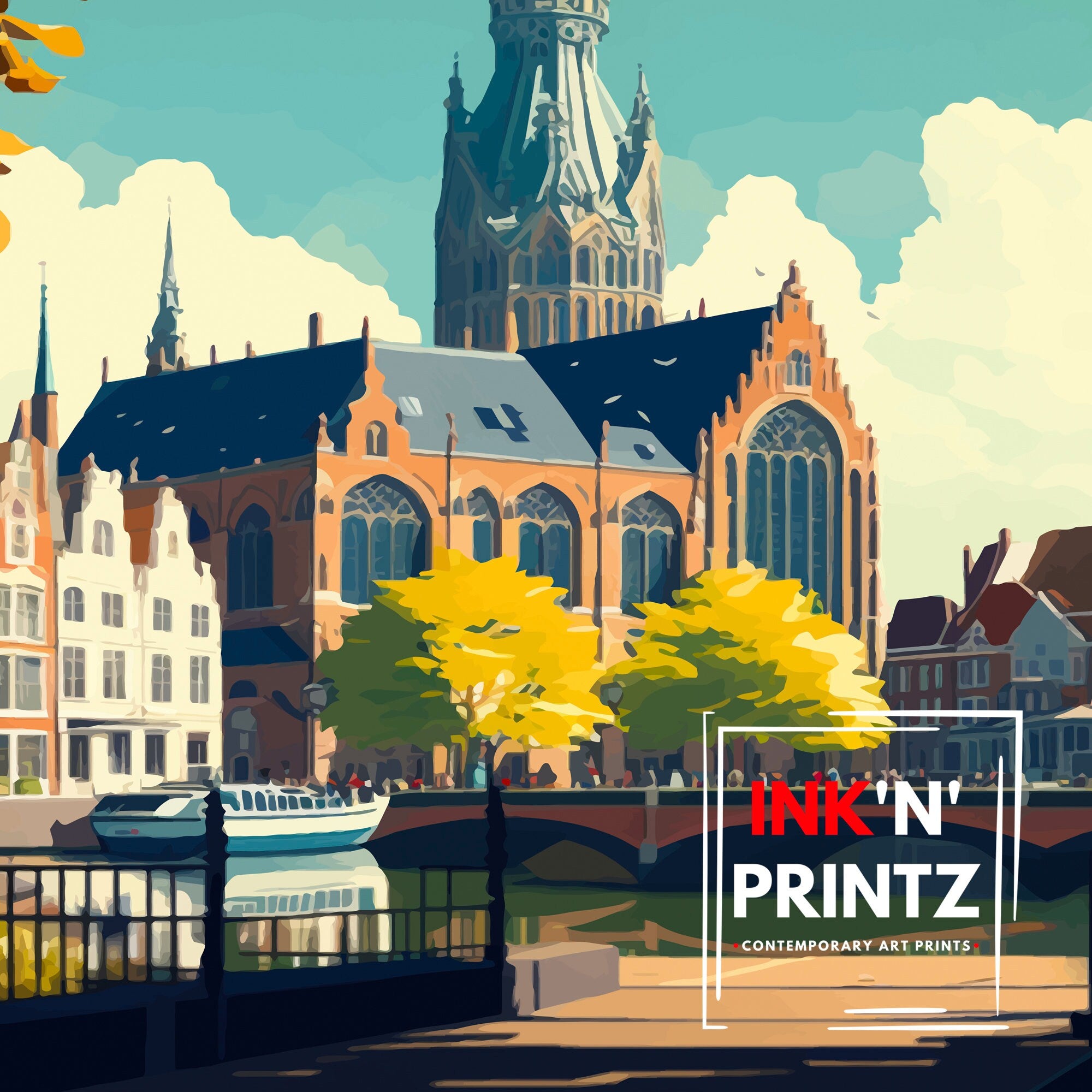 Haarlem Netherlands Travel Print, Colorful Illustration