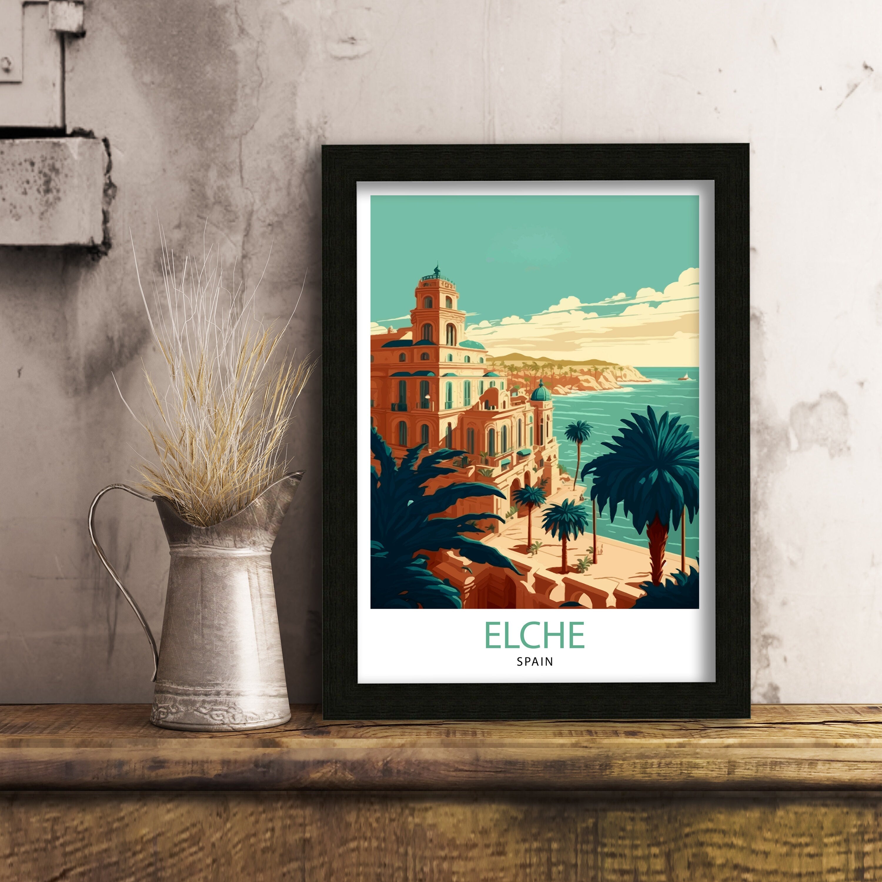Elche Spain Travel Poster, Coastal City Illustration