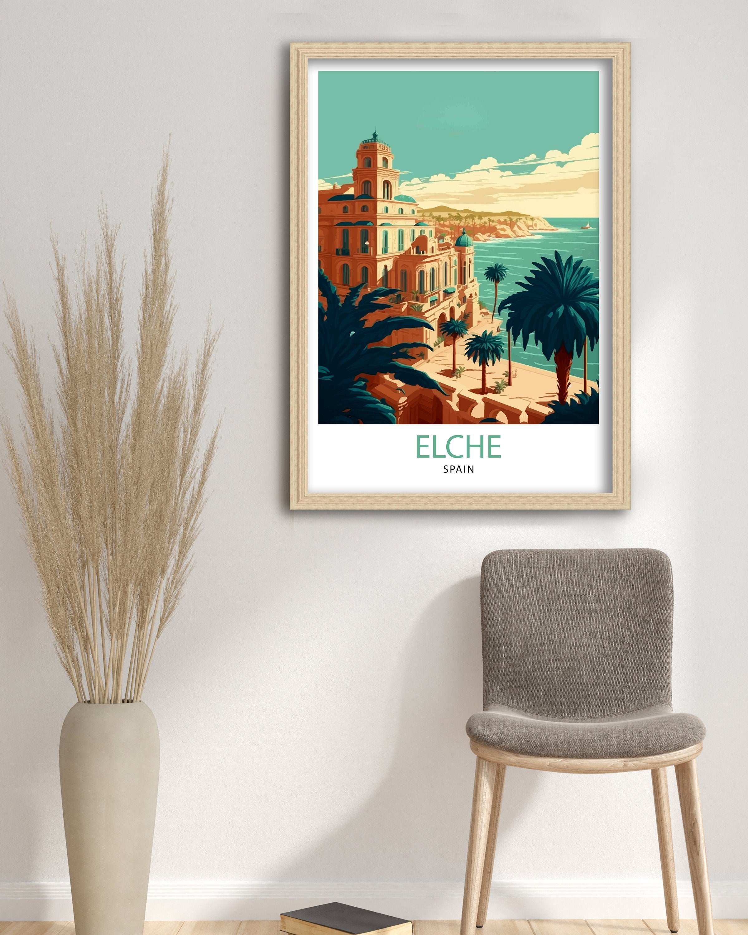 Elche Spain Travel Poster, Coastal City Illustration