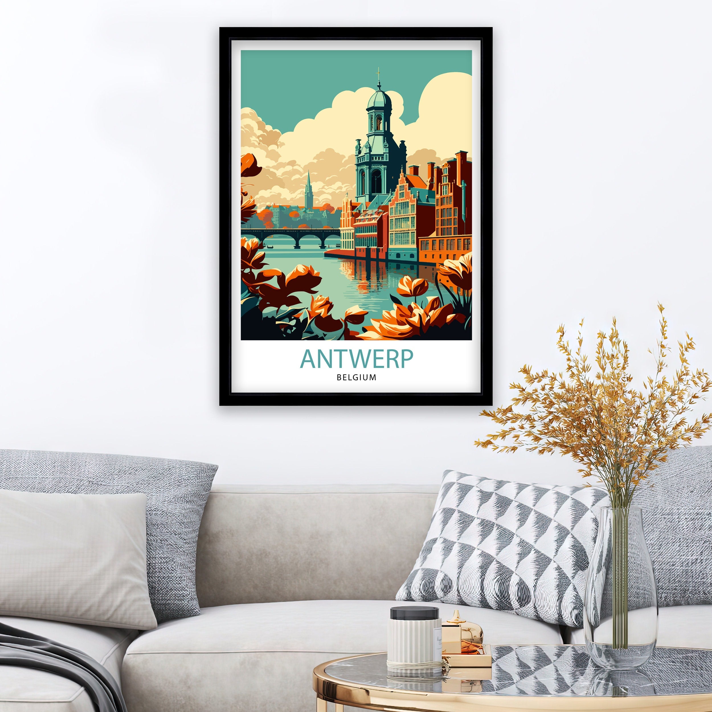 Antwerp Belgium Travel Poster, City Illustration Print