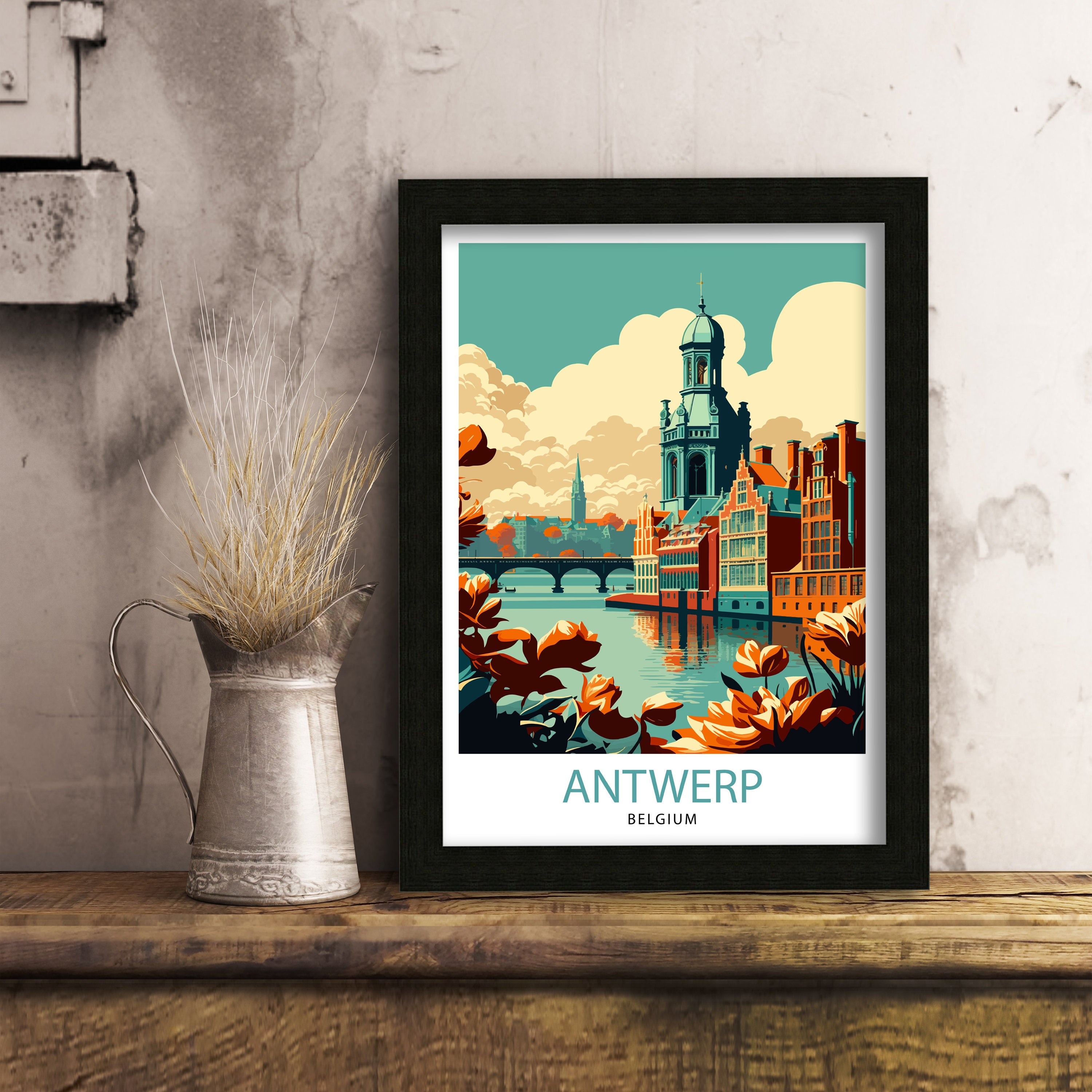 Antwerp Belgium Travel Poster, City Illustration Print
