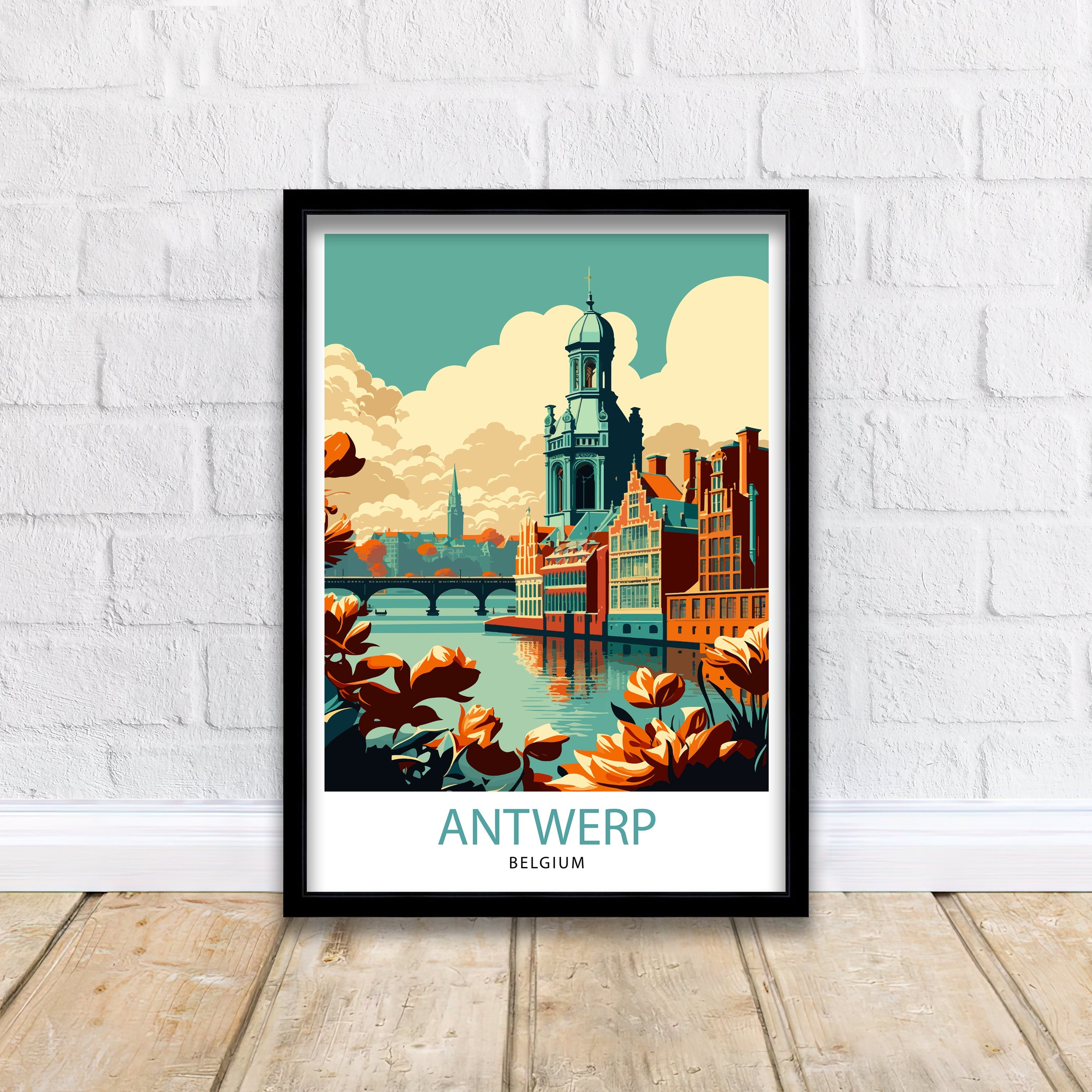 Antwerp Belgium Travel Poster, City Illustration Print